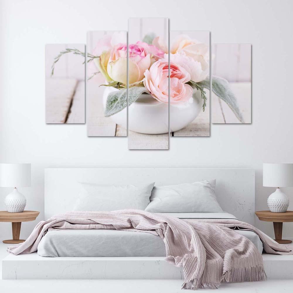 5 stykke lærredsprint, Roses Vase Nature Flowers