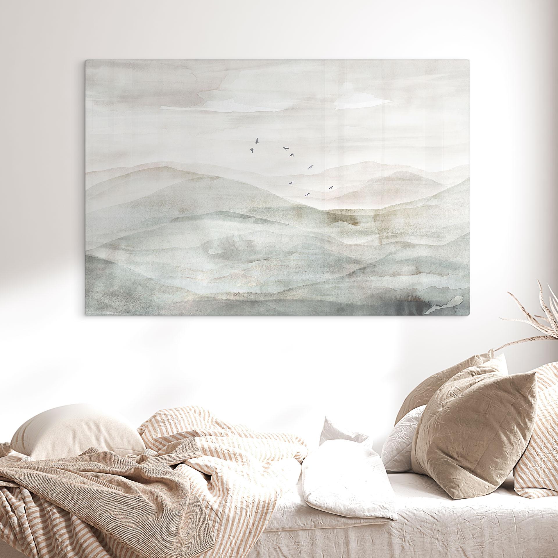 Glasbild Neblige Berglandschaft Aquarell - Ms Tiff