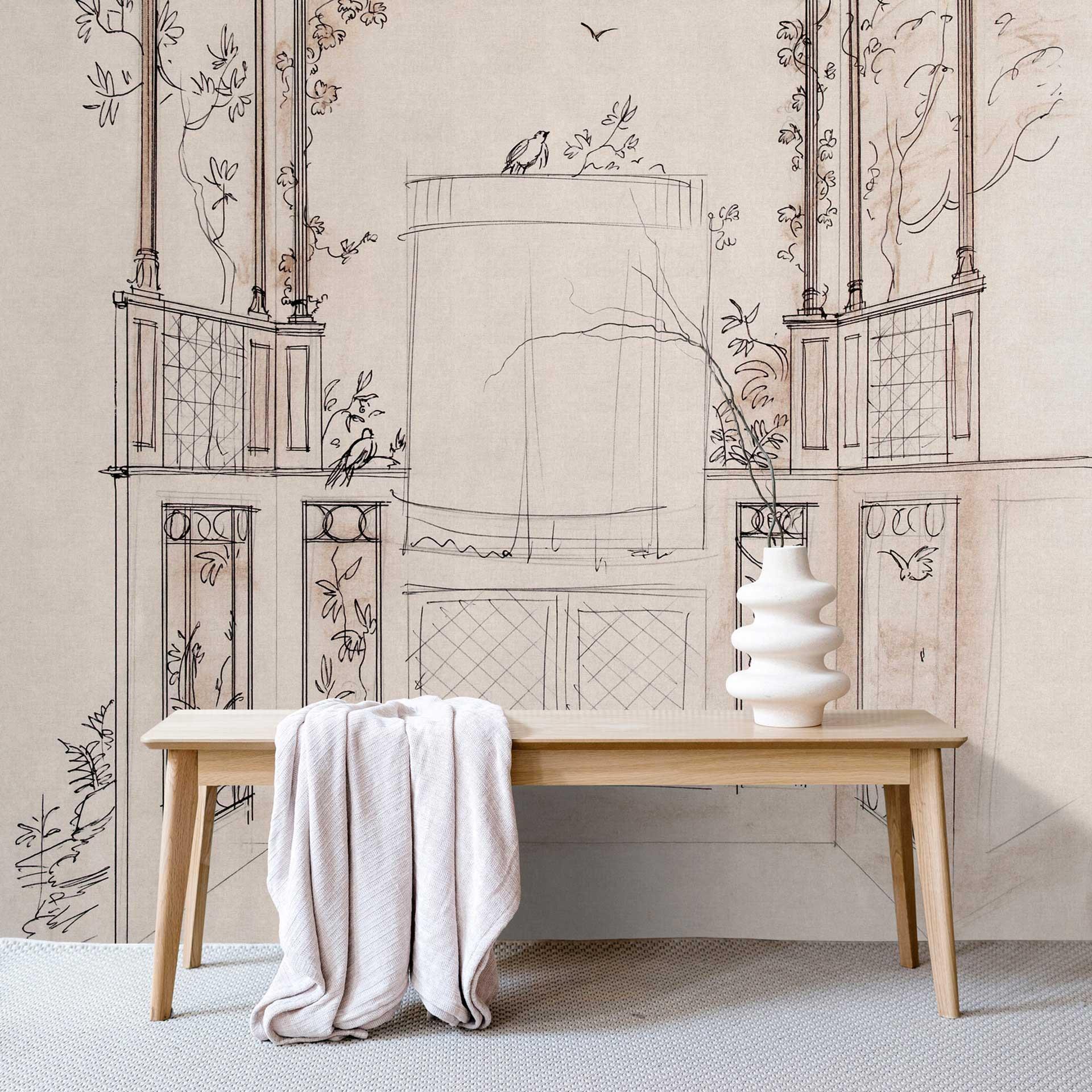 Skitseret arkitekturtapet med havemotiv - kunstnerisk non-woven tapet