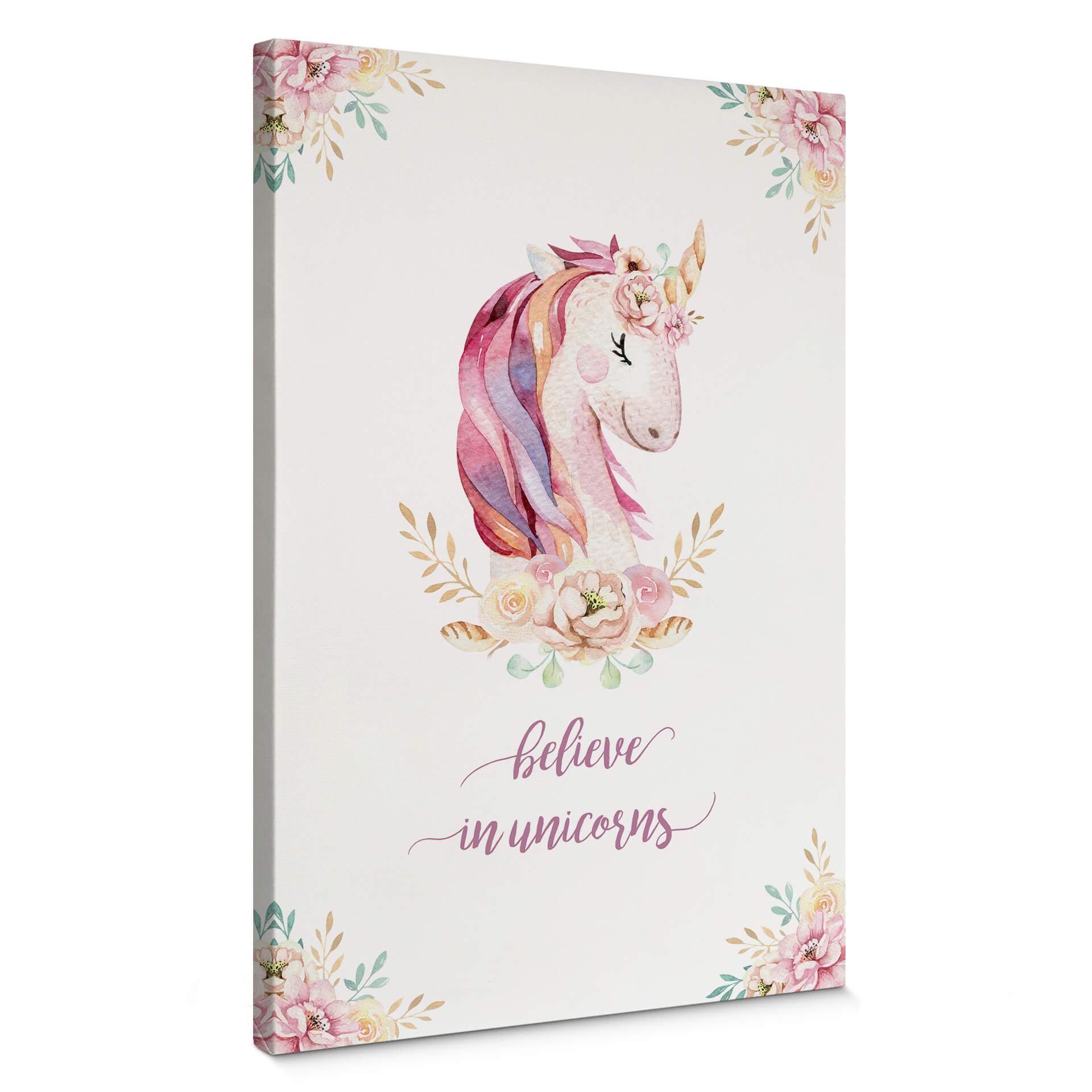 Canvastavla Kvilis - Believe in Unicorns - Enhörning med blommor