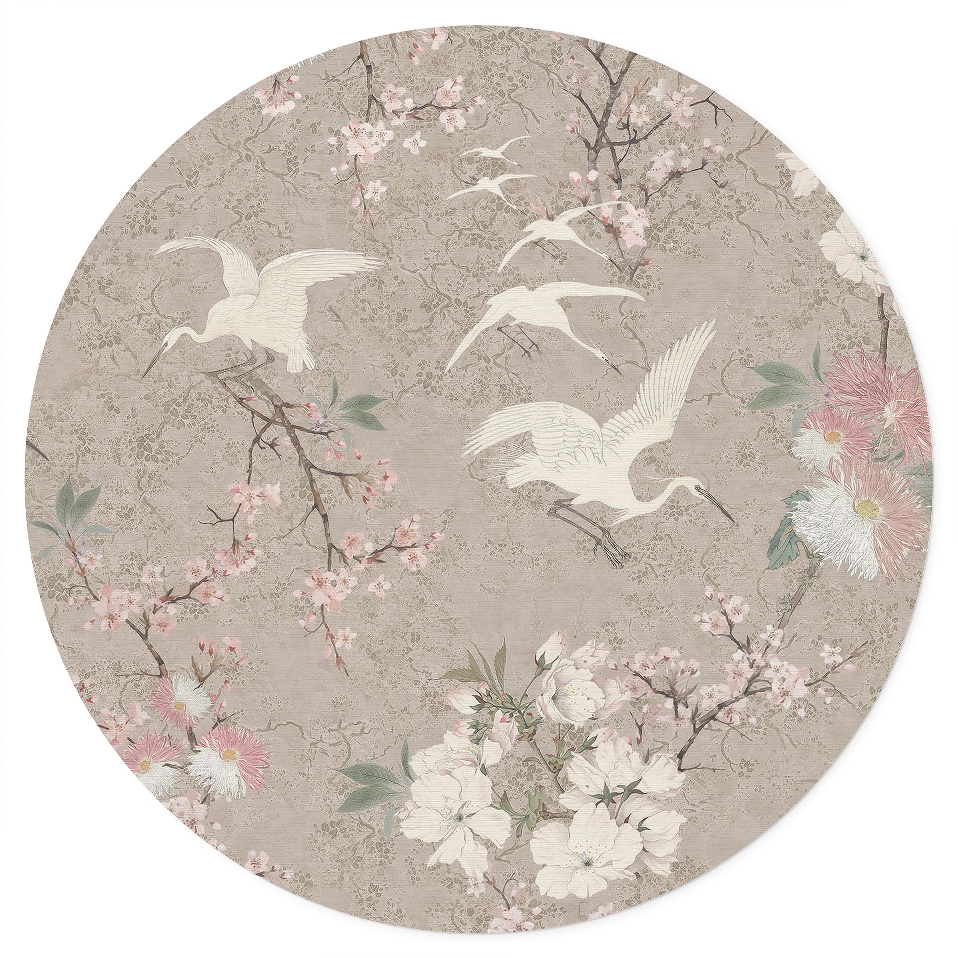 Muursticker Kraanvogels in een Kersenbloesem Rush Beige - Bloemdecor - Rond