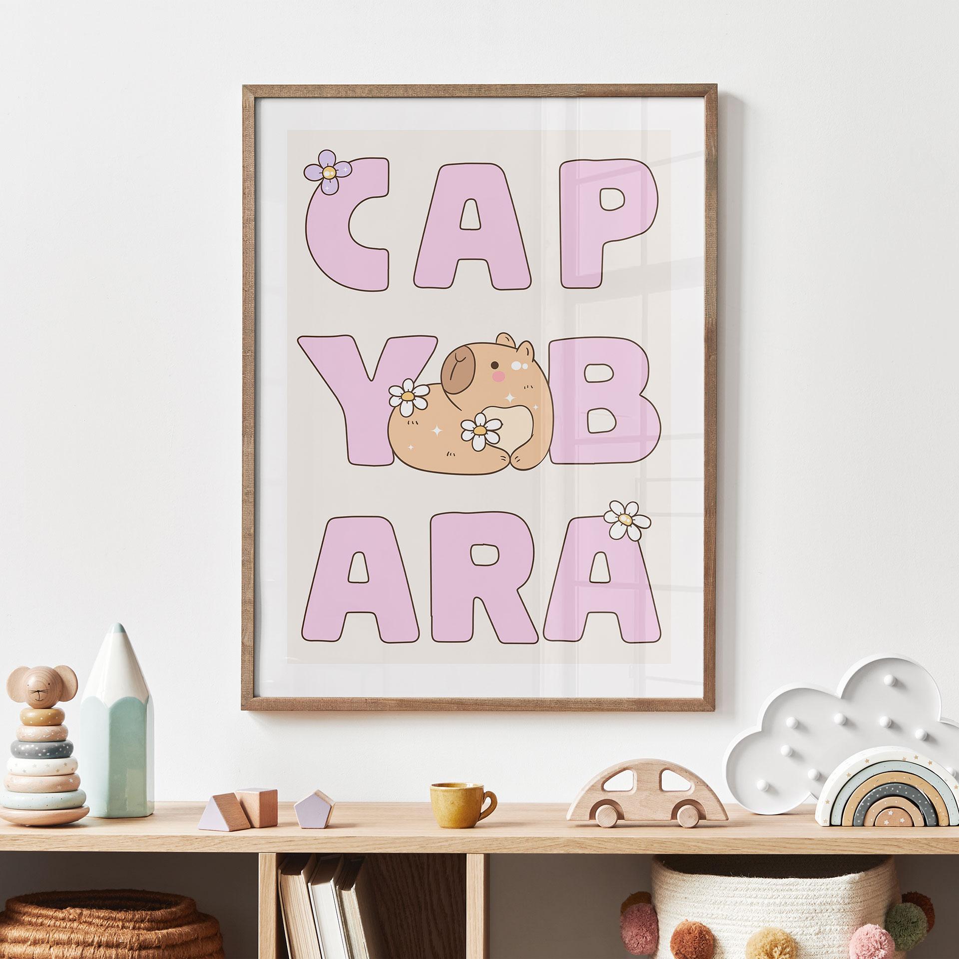 Plakat dla dzieci Kapibara z literówką i kwiatami
