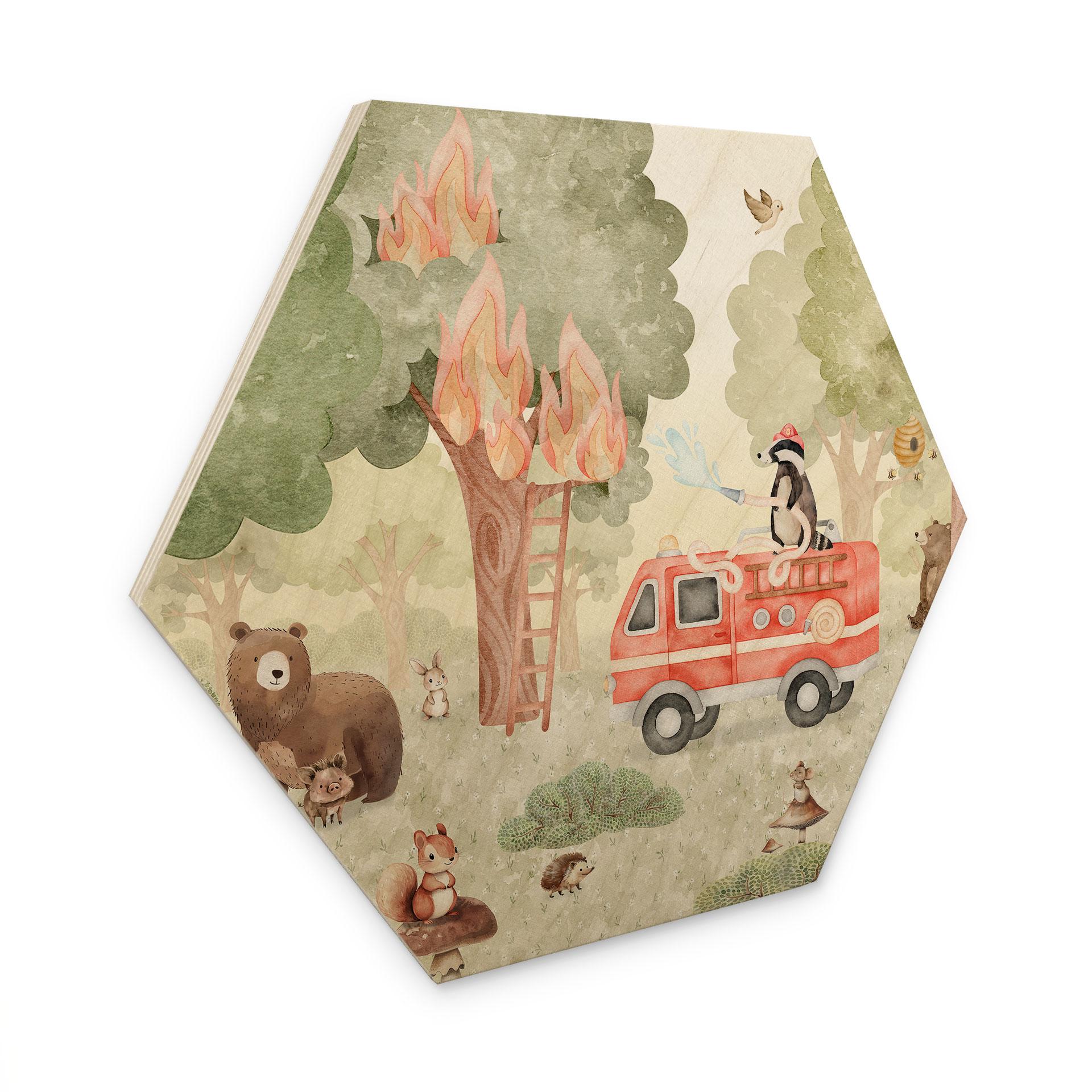 Hexagon Houten Wanddecoratie Dieren Brandweer in het Bos - Oliver Robins