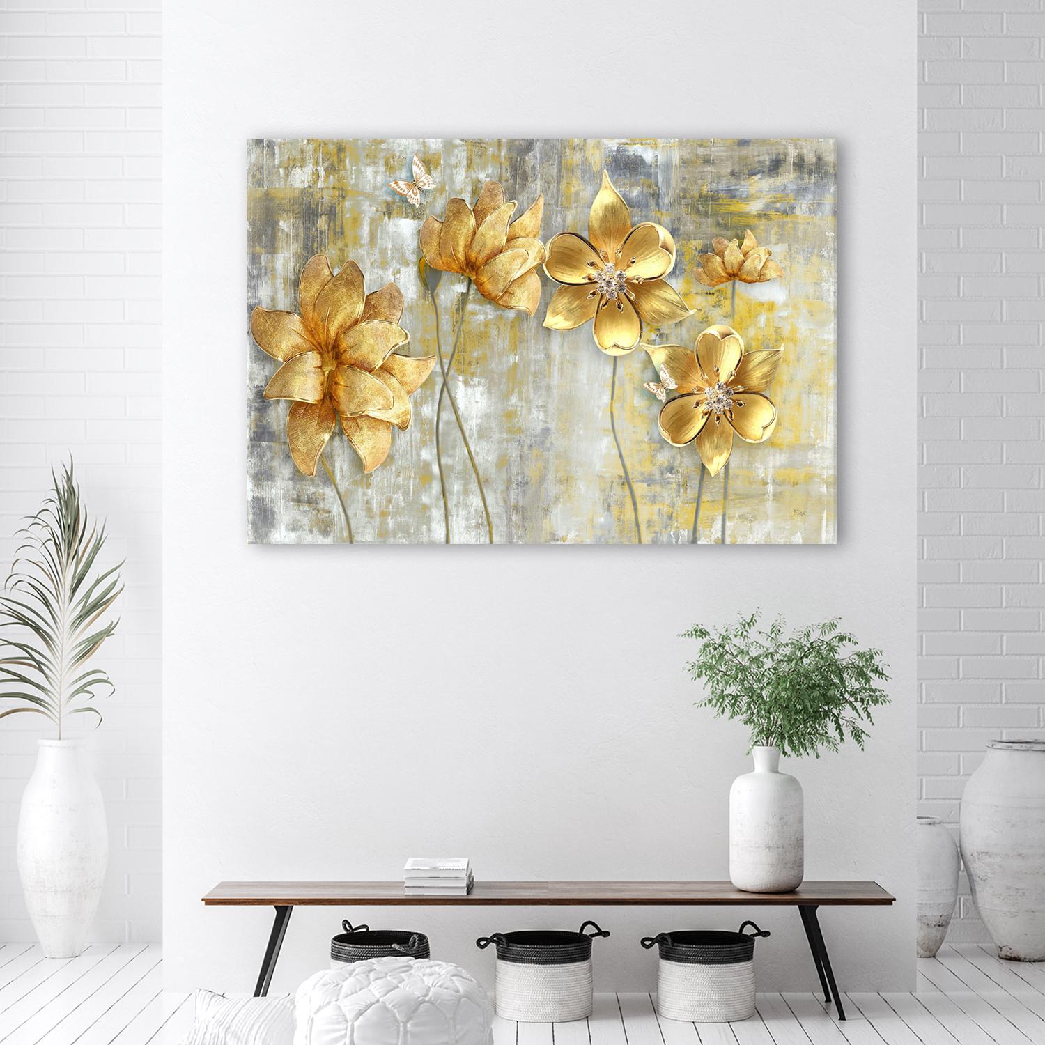 Canvasbillede, gyldne blomster og sommerfugle
