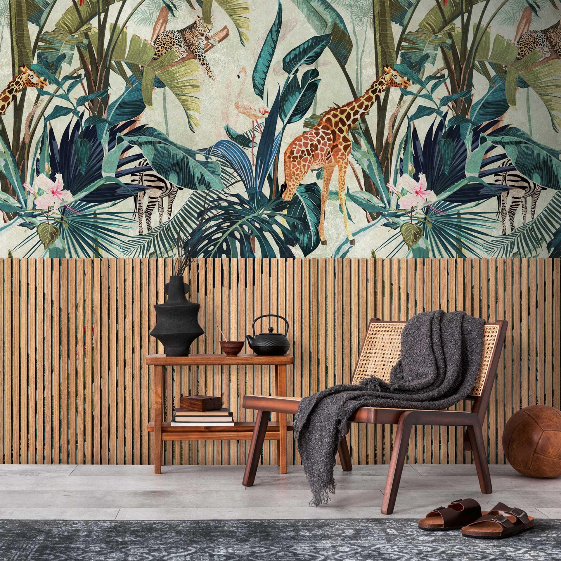 Jungle tapet med træpaneler - non-woven tapet tropisk design - stue tapet