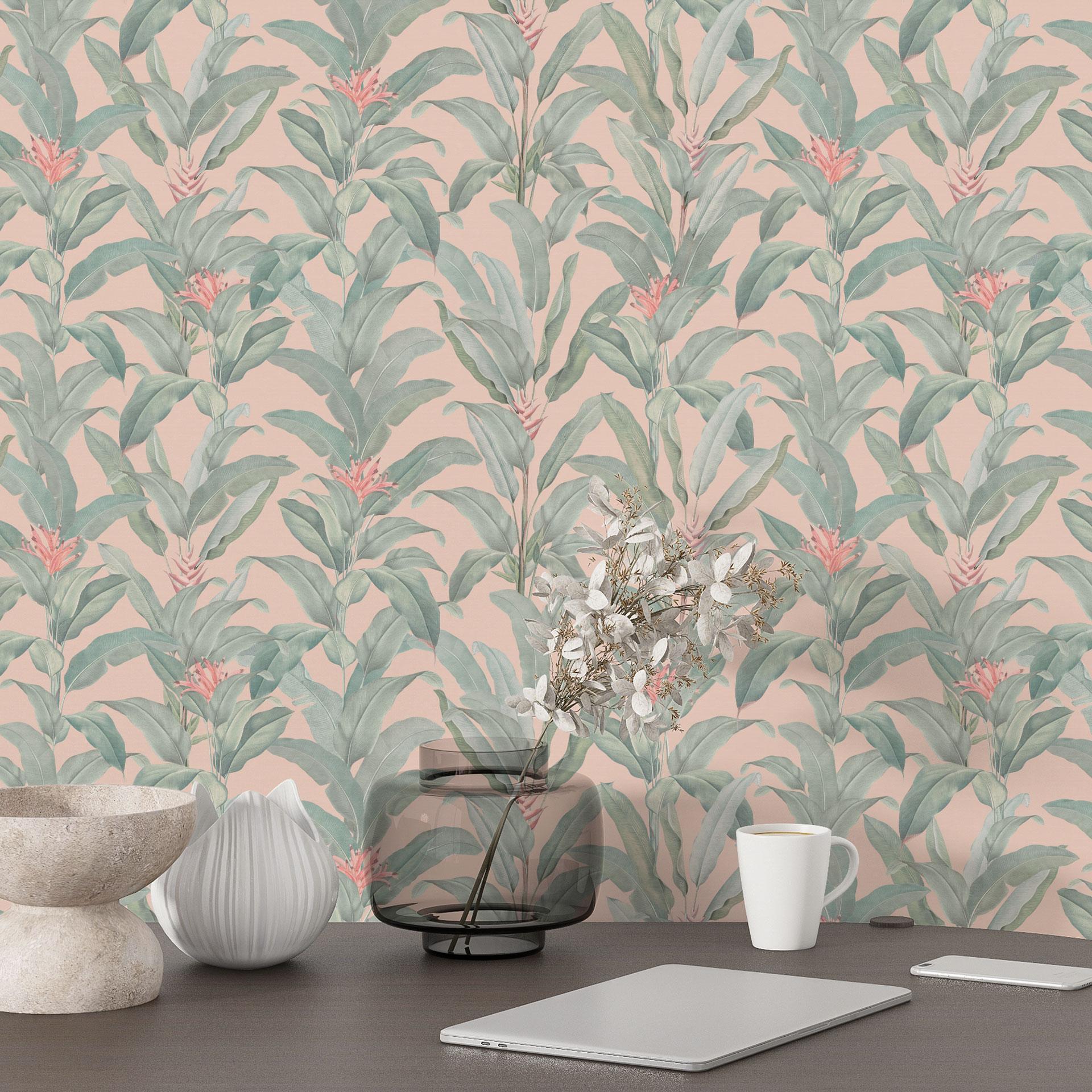 Botanisk tapet med mønster Urban Jungle tropiske blade pink - Bloomery Decor