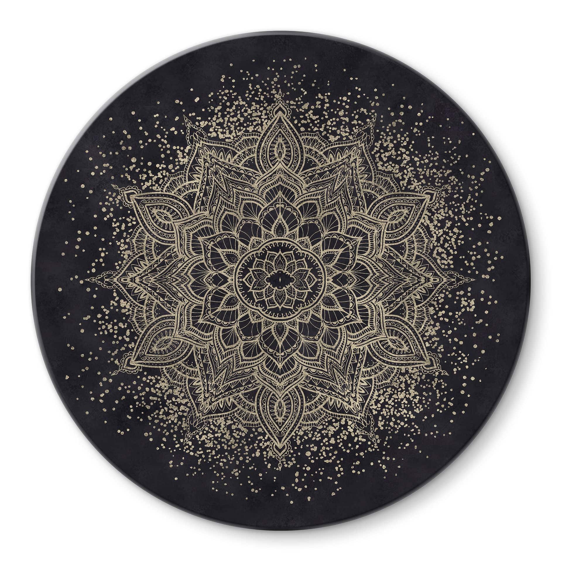Glasbillede - Elegant mandala i sort og guld - Bloomery Decor - Round