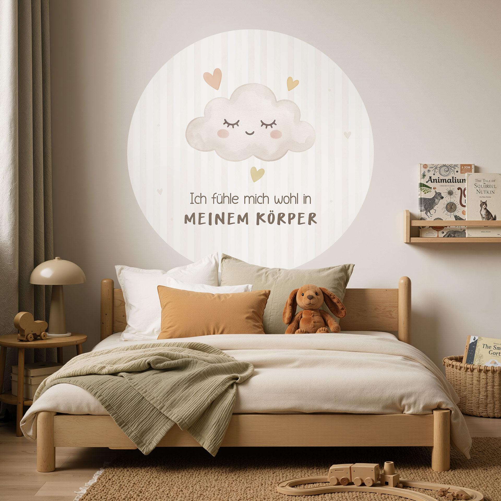 Rundes Wandtattoo mit Wolke - Kraftsatz 'Ich fühle mich wohl in meinem Körper' fürs Kinderzimmer