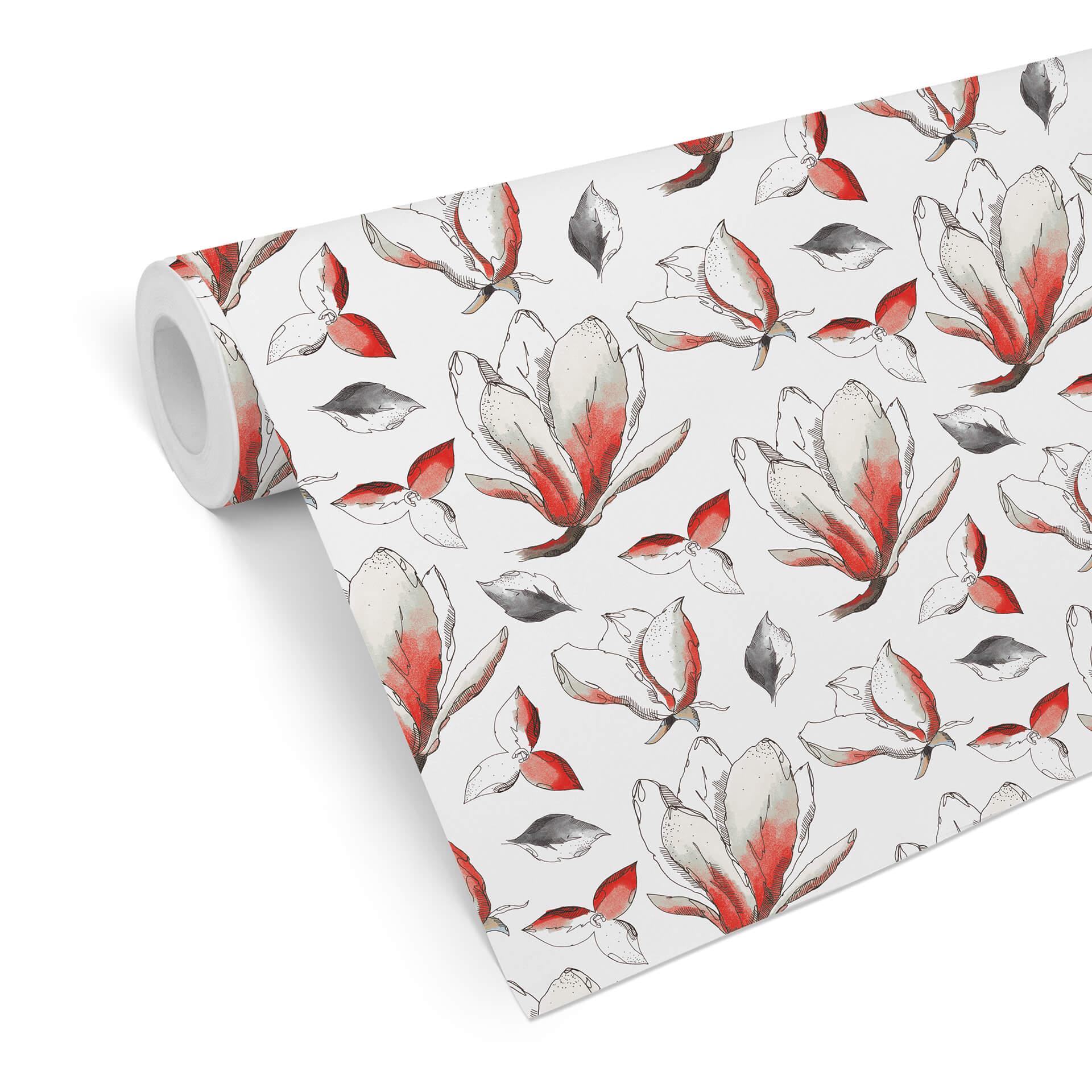 Tapet med mønster - illustrerede blomster - rød