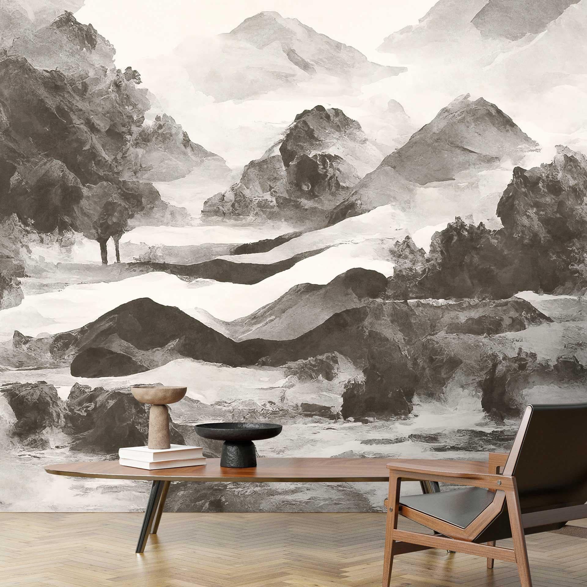 Monokromt bjerglandskabstapet - kunstnerisk akvarel-look