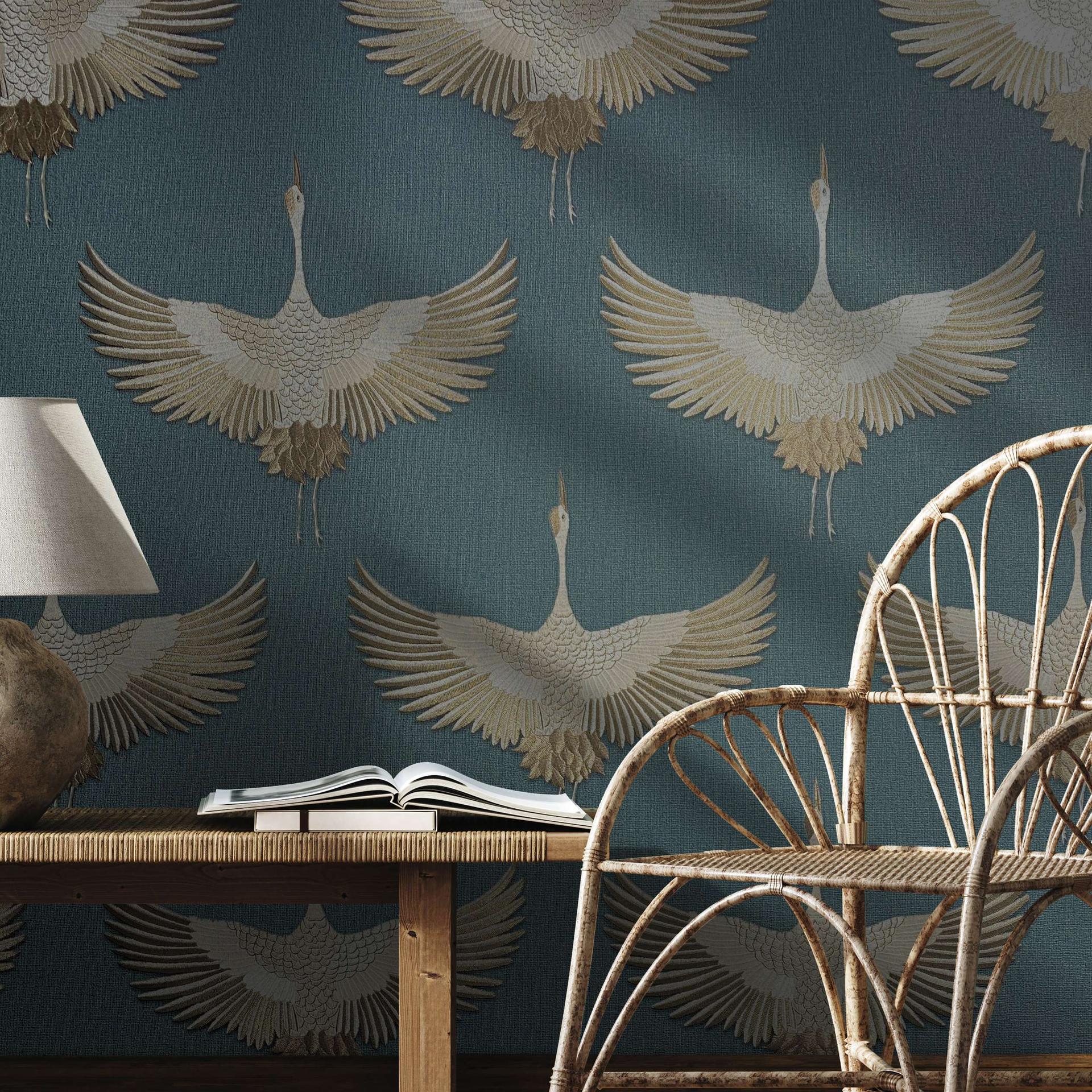 grafisch behang, vliesbehang Kumano blauw, beige