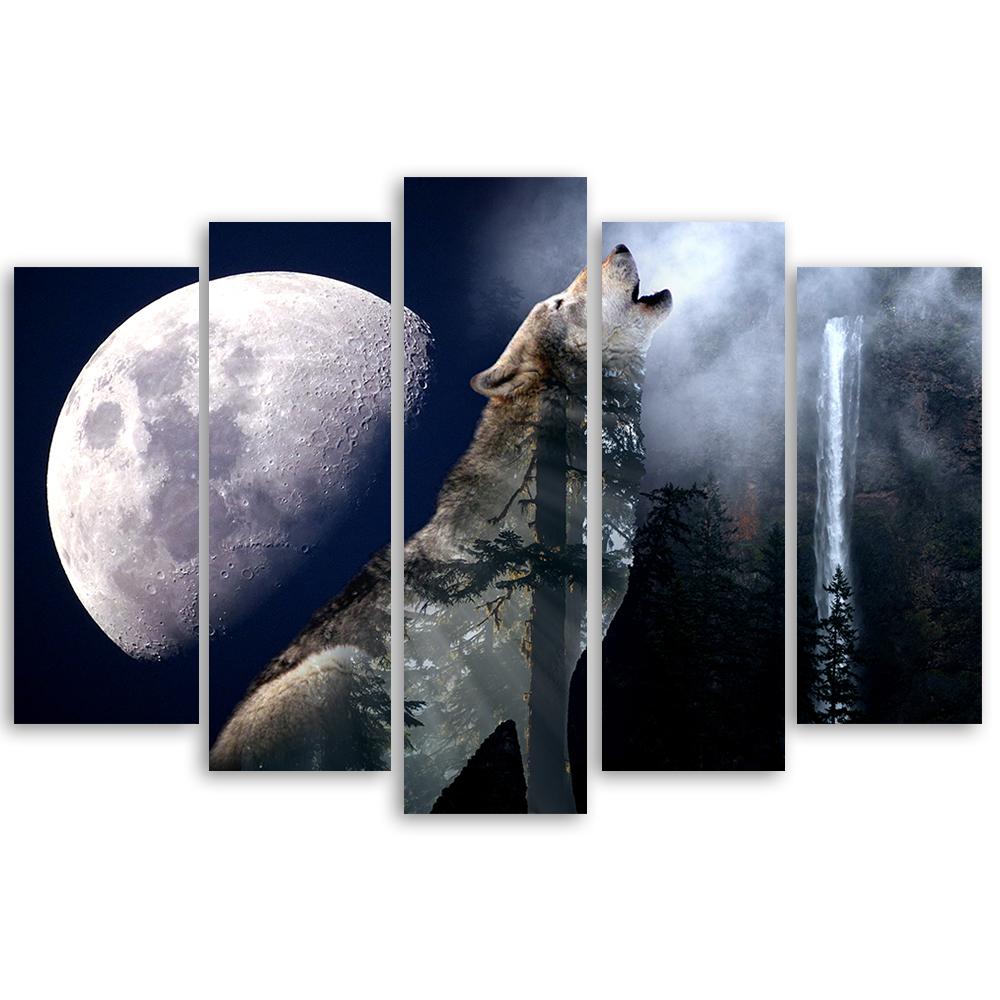 5-delige canvasprint, Wolf Nature Moon Fog
