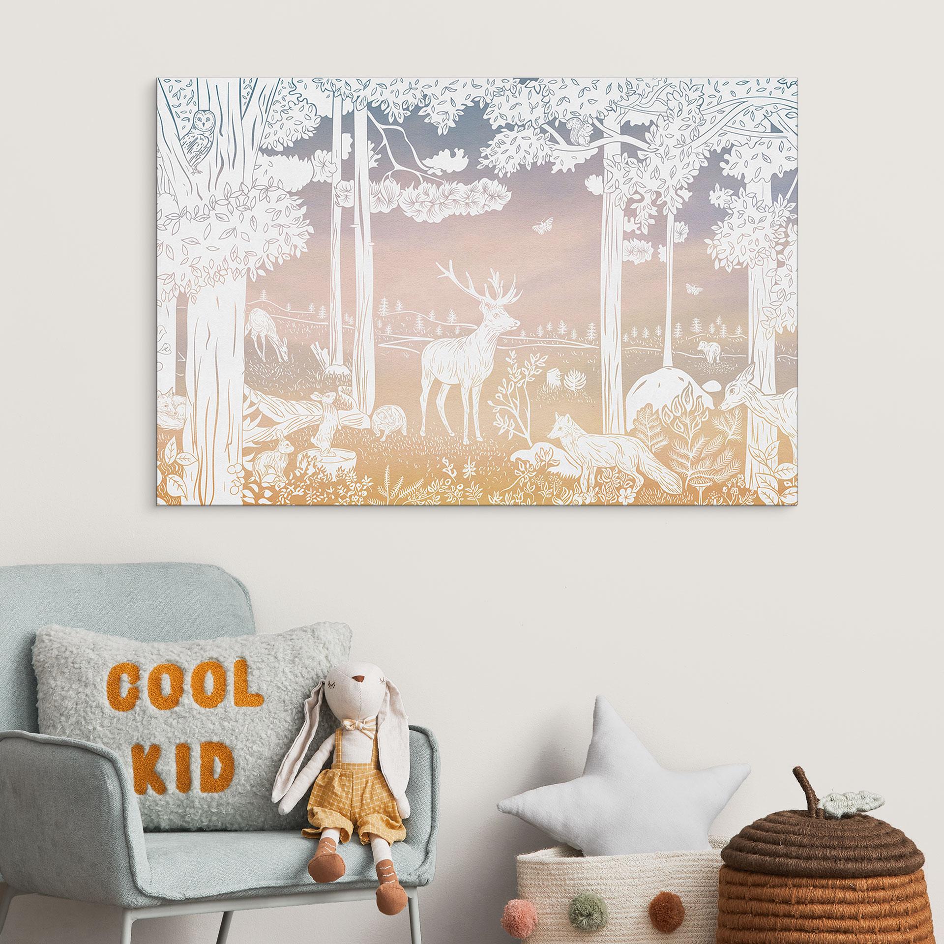 Wandbild Friedlicher Wald mit Hirschen und Füchsen - Ombre - Kikki Belle - Alu-Dibond