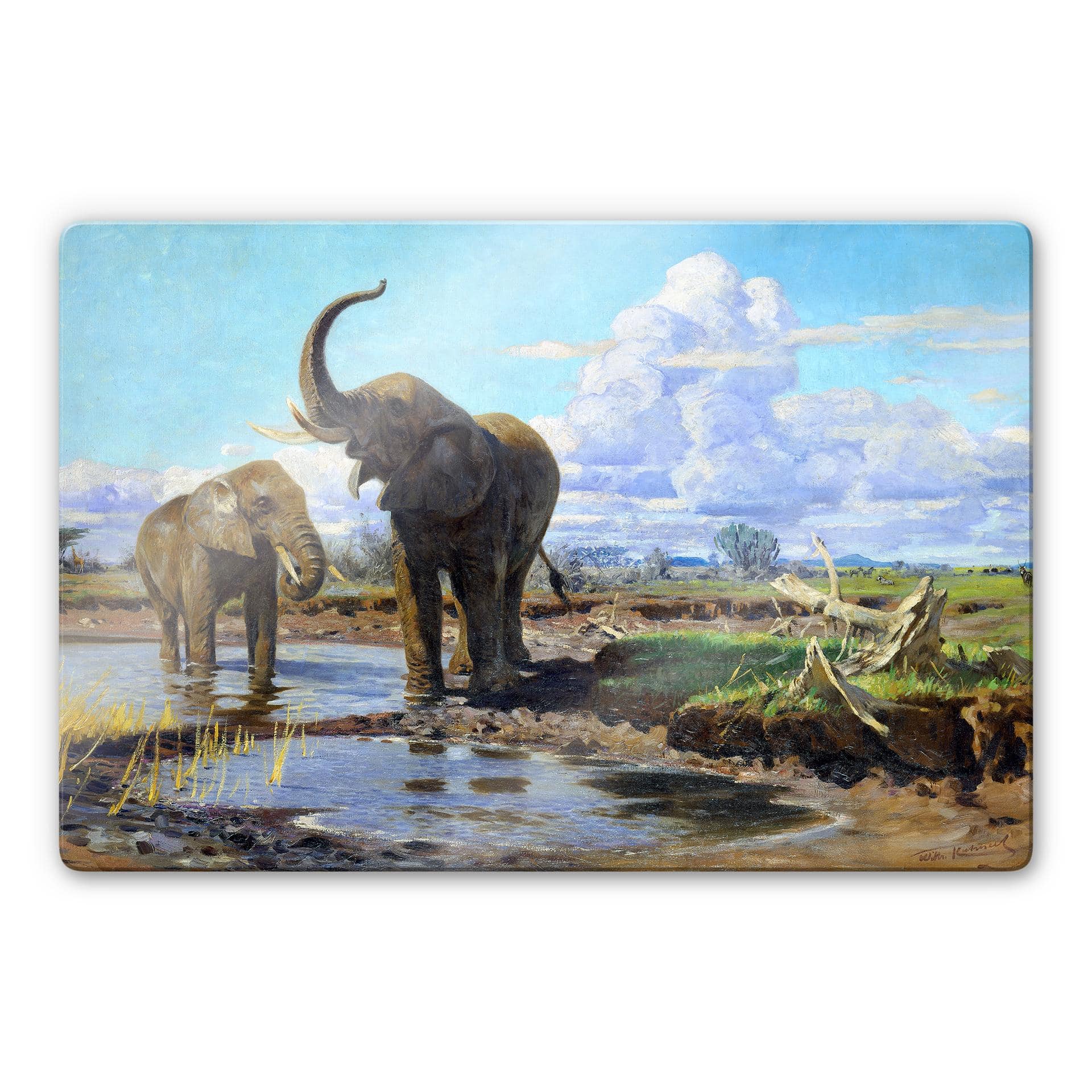 Tableau en verre - Kuhnert - Éléphants à un point d'eau