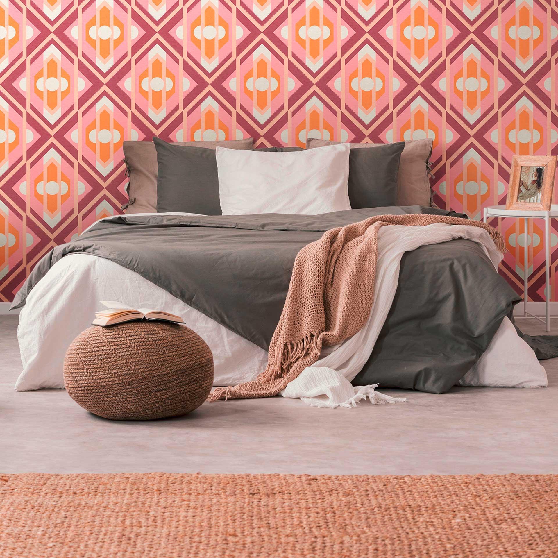 Ikke-vævet tapet retrostil orange pink - abstrakt tapet med mønster - vintage tapet