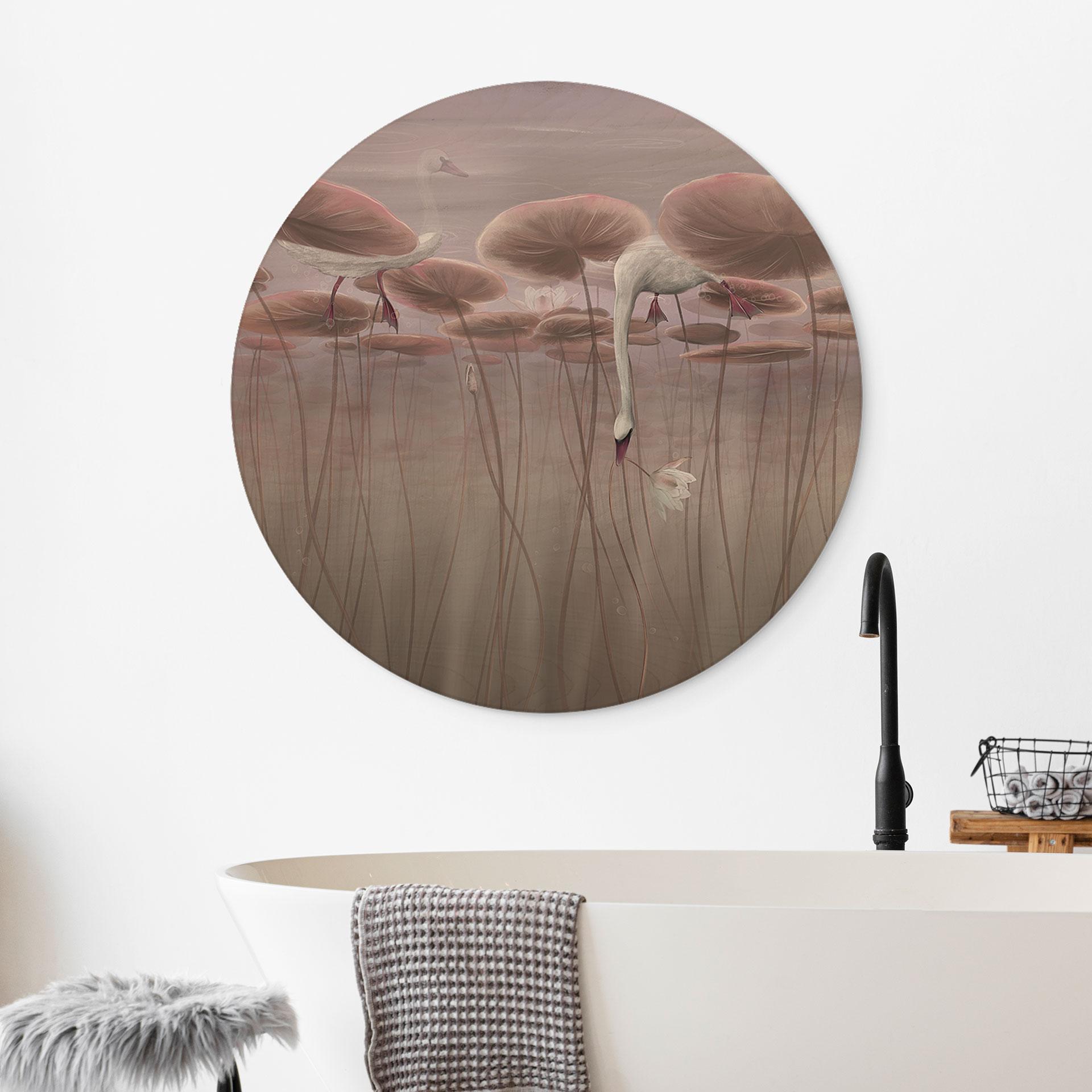 Holzbild Lotusblumen mit Schwan im Wasser in Altrosa - Ms Tiff - Rund