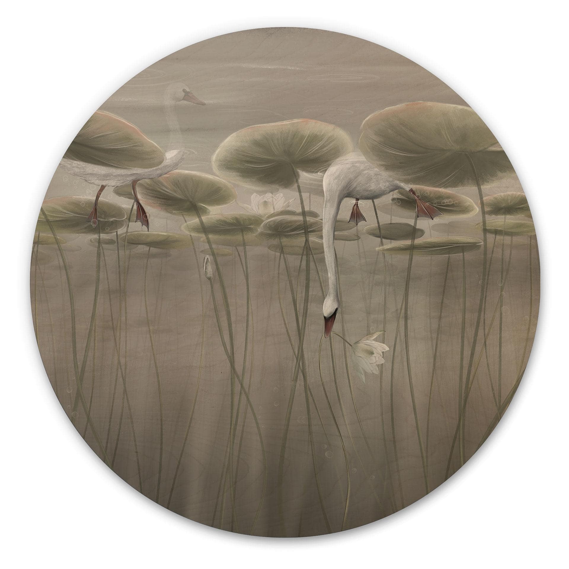 Houten Wanddecoratie lotusbloemen met zwaan in het water in grijs - Ms Tiff - Rond