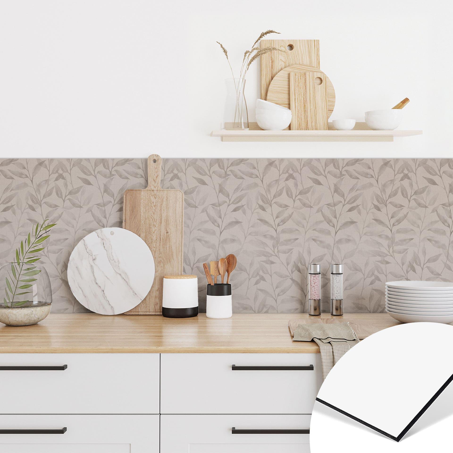 Stænkplade til køkken Delikate akvarelblade - Blød grå - Bloomery Decor