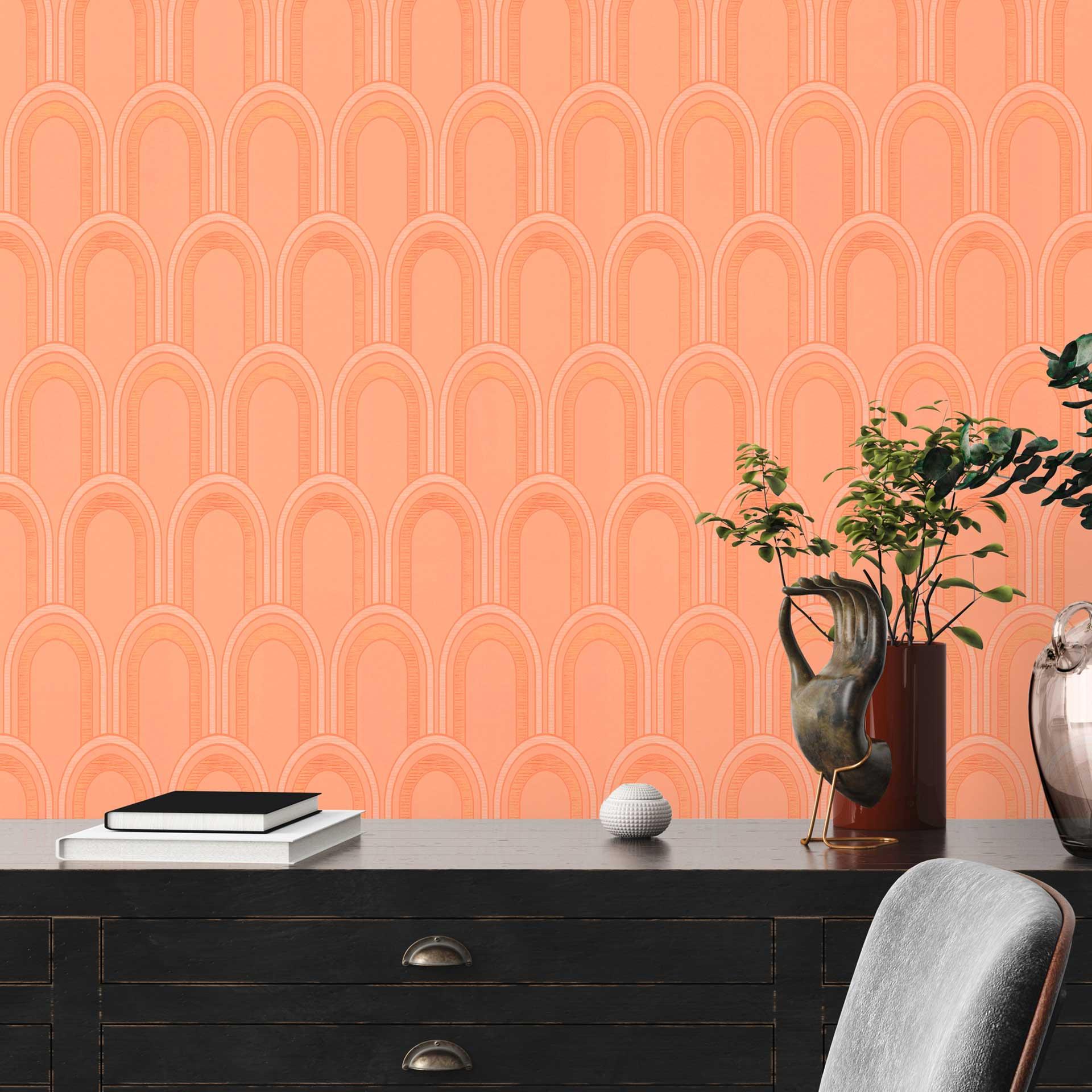 tapet med buer i art deco-stil orange hvid - grafisk tapet i retro-look