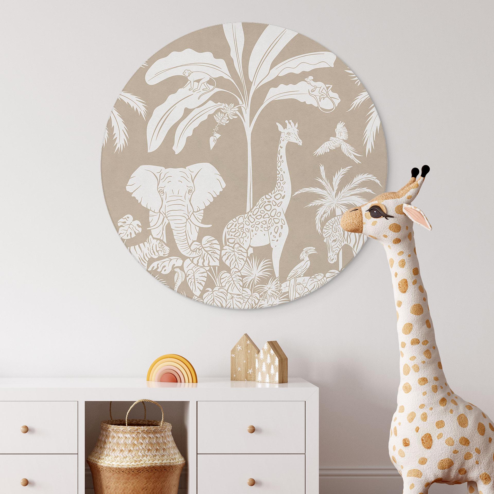 Rundes Wandbild Dschungelträume - Afrikas Tierwelt in Braun - Kikki Belle - Alu-Dibond