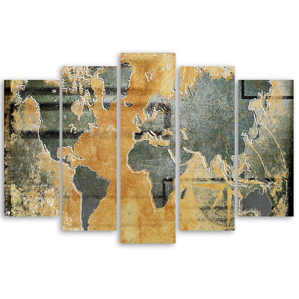 5-delige canvasprint, retro wereldkaart