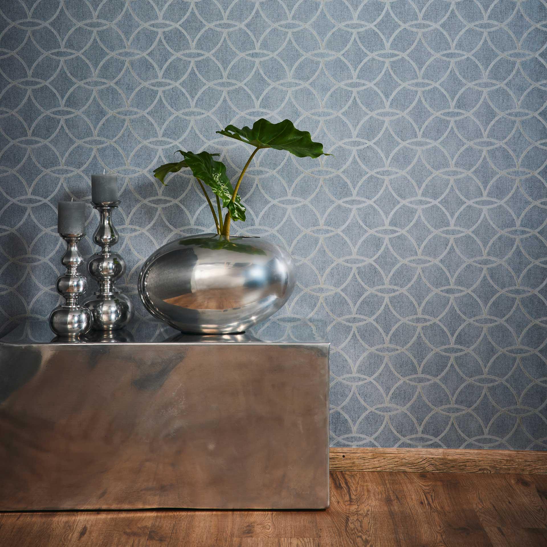 Blågråt blankt tapet - geometrisk non-woven tapet