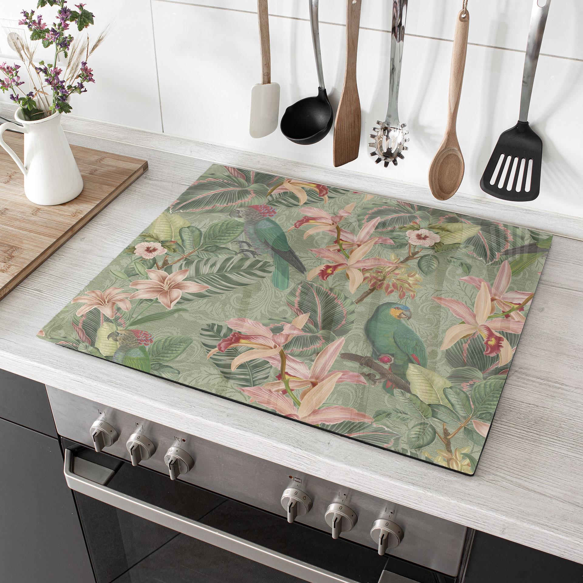 Komfurlåge jungle med papegøjer grøn - Bloomery Decor