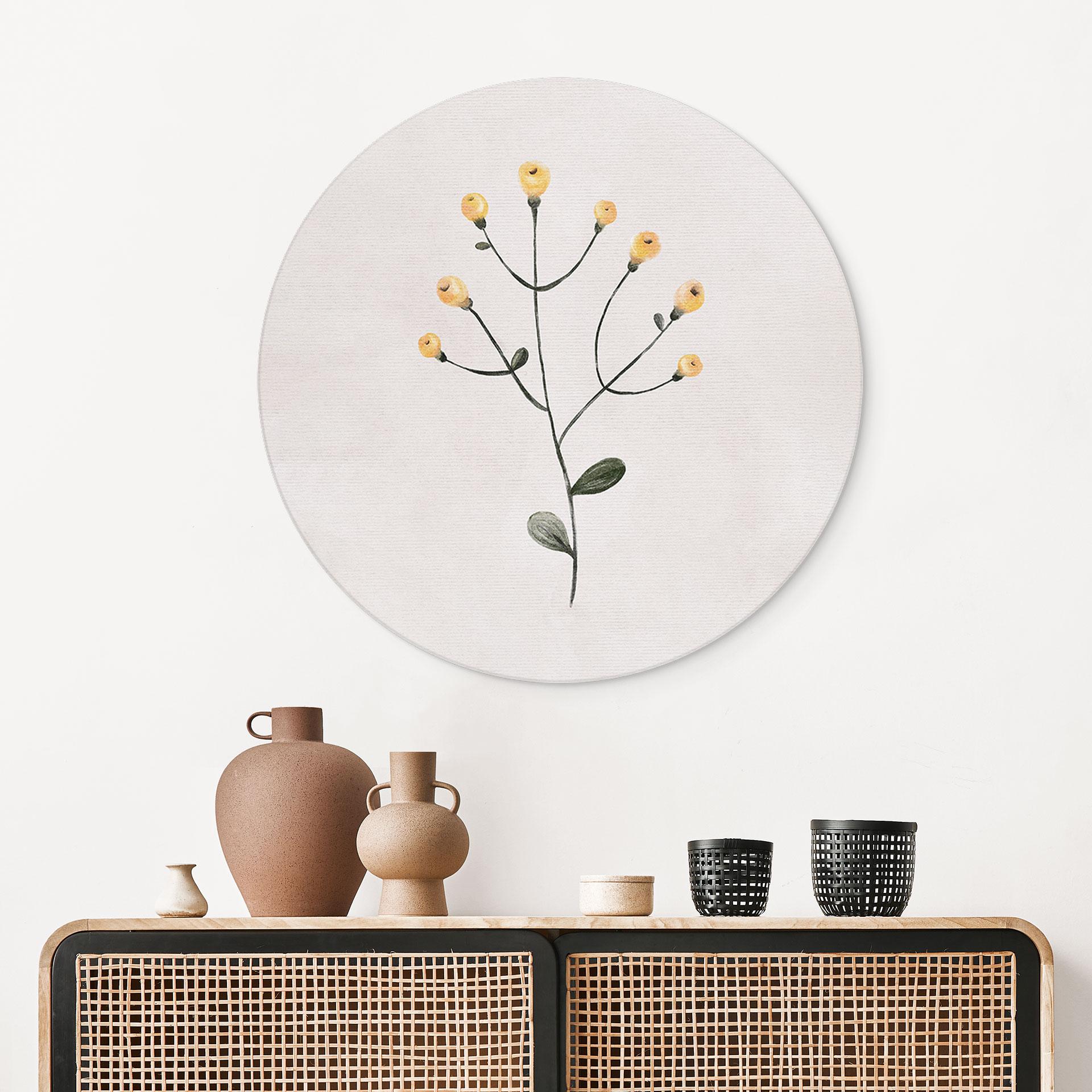 Billede Delikat plante med gule blomster - Goed Blauw - rund – print på aluminium (Alu-Dibond)