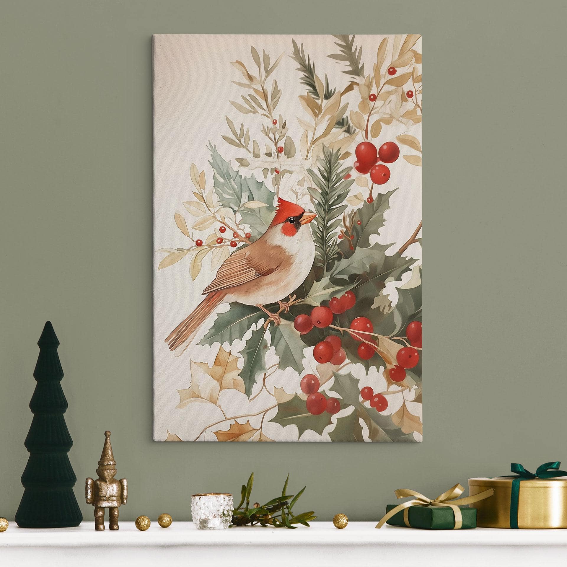 Canvas schilderij Kardinaal vogel met bessentak - Melloi Art Prints