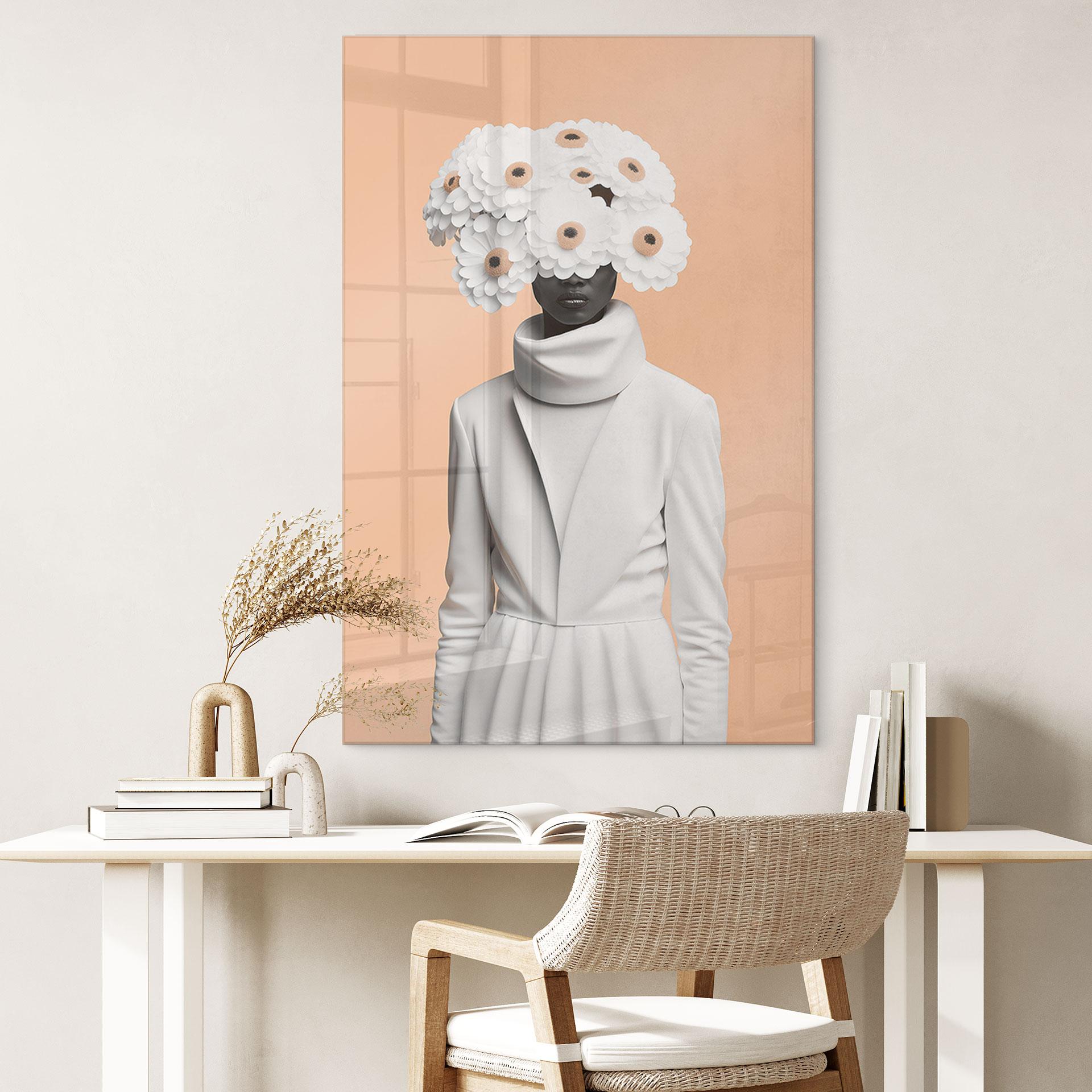 Akrylbillede Dame i hvidt med blomster - Treechild