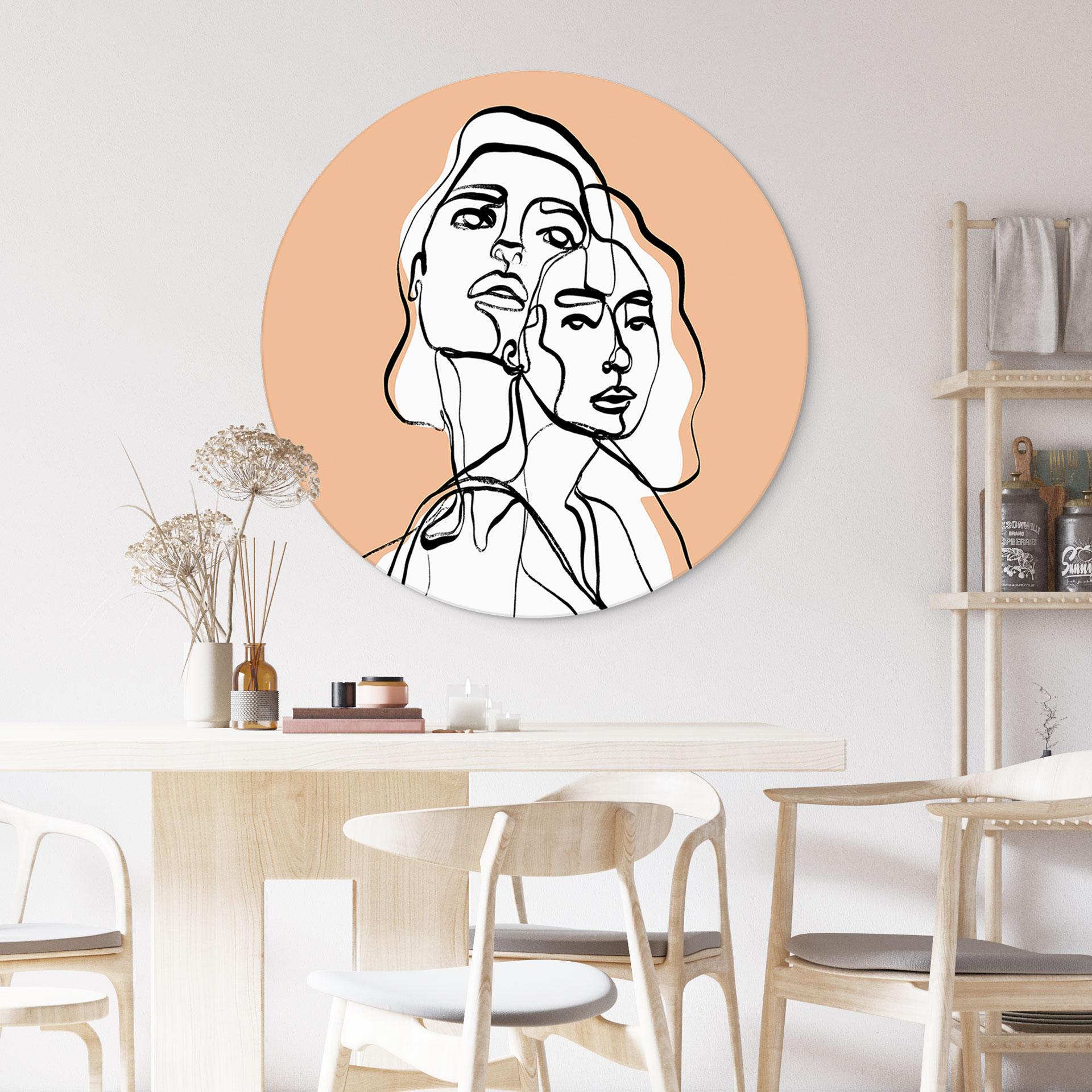 Vægcirkel Line Art-portræt af to kvinder - Treechild – print på aluminium (Alu-Dibond)