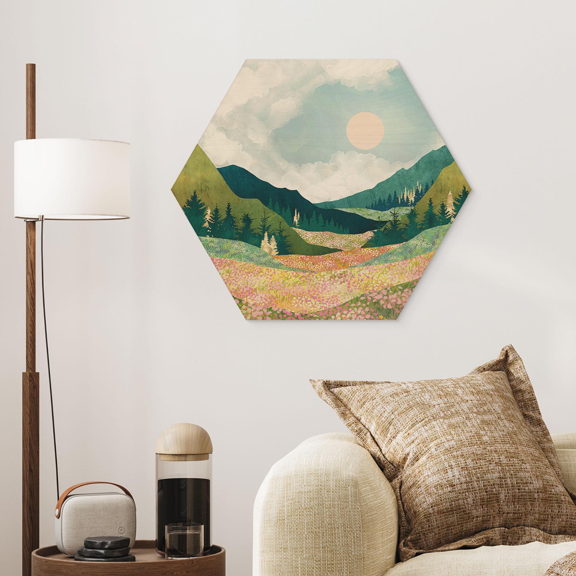 Hexagon-Holzbild Farbenfrohe Frühlingswiese - SpaceFrog Designs