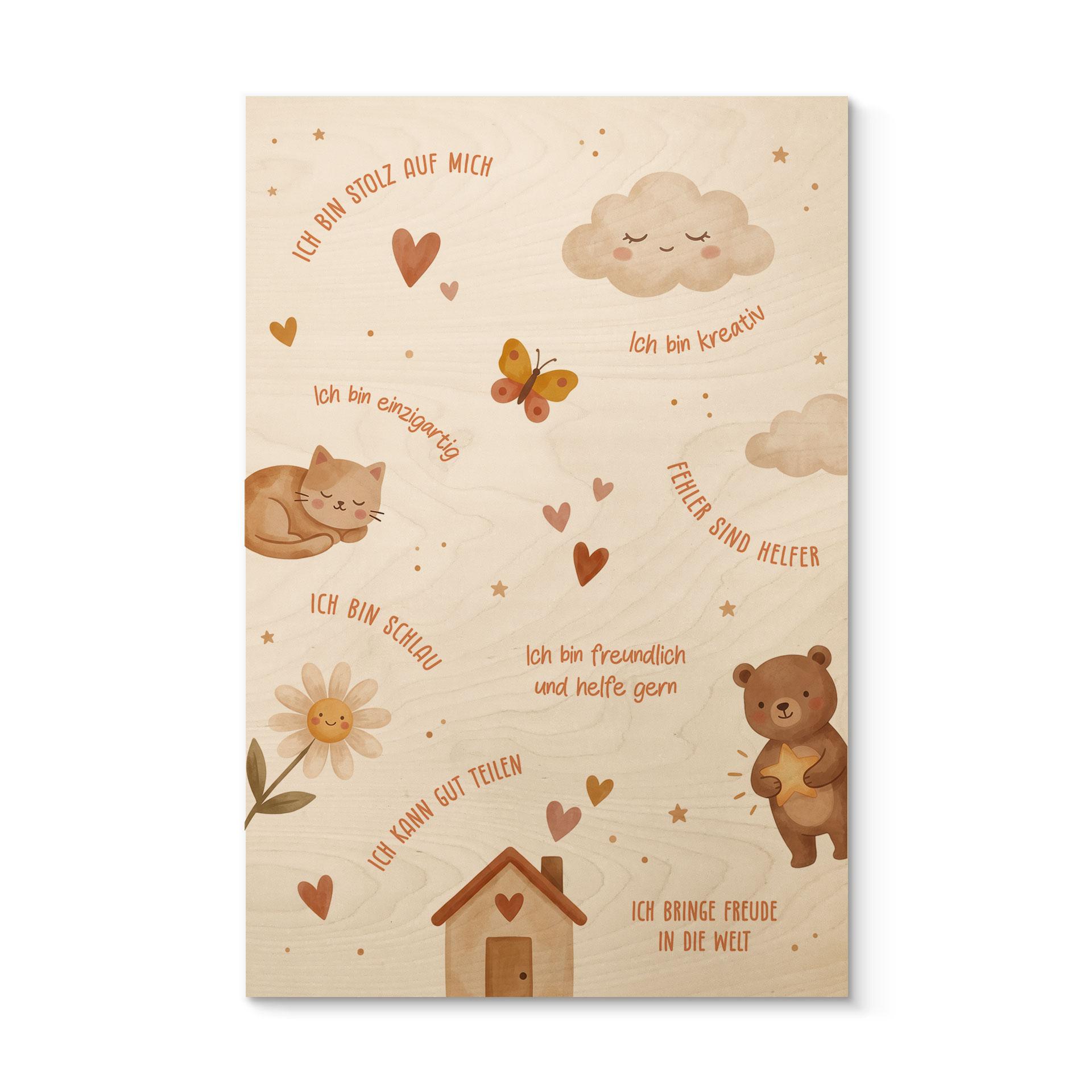 Holzbild mit Affirmationen Happy - kindgerechte Glaubenssätze