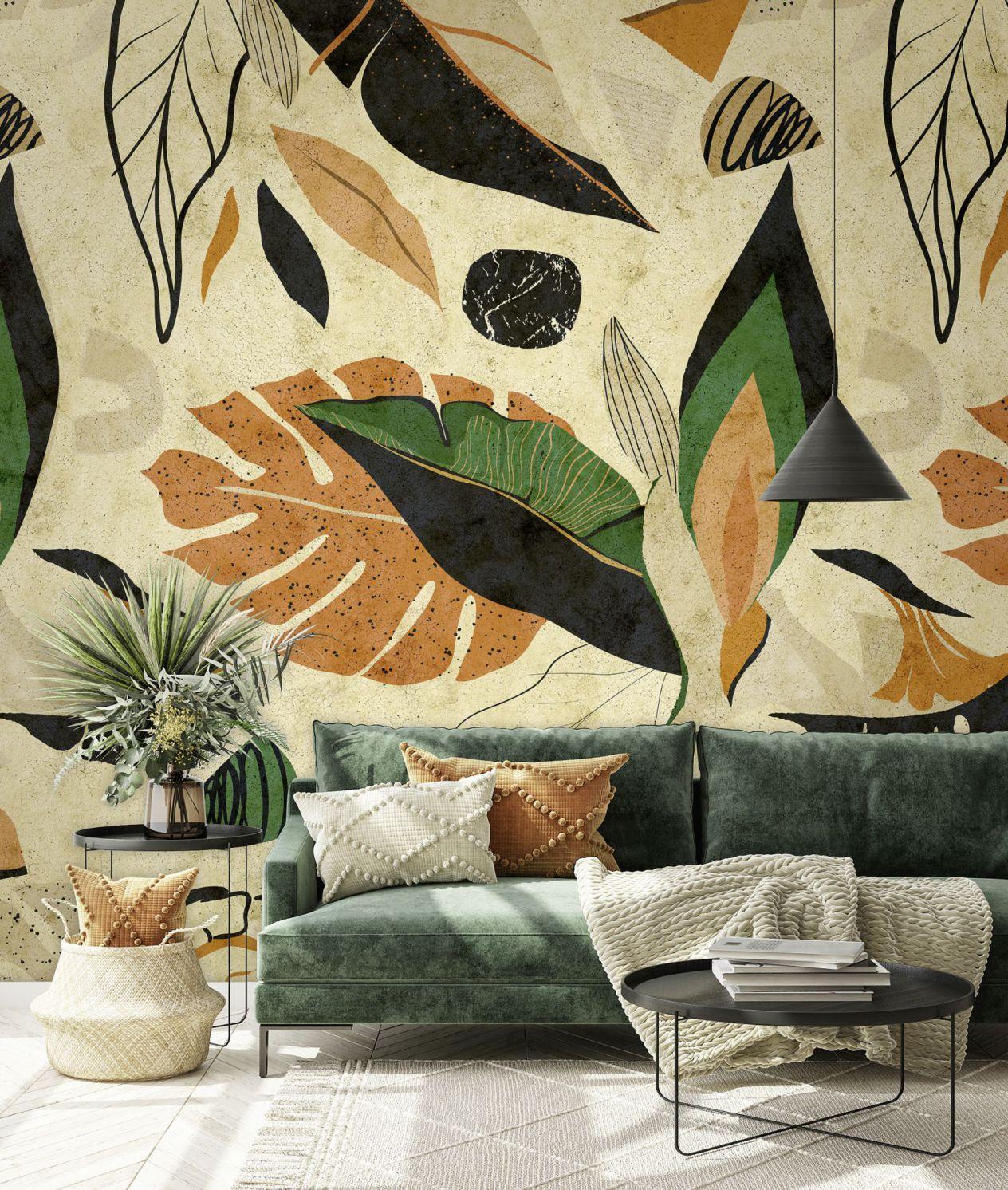 Fotomurale con motivo abstracto hojas collage en beige, ocre, negro 3,4 x 2,65 m