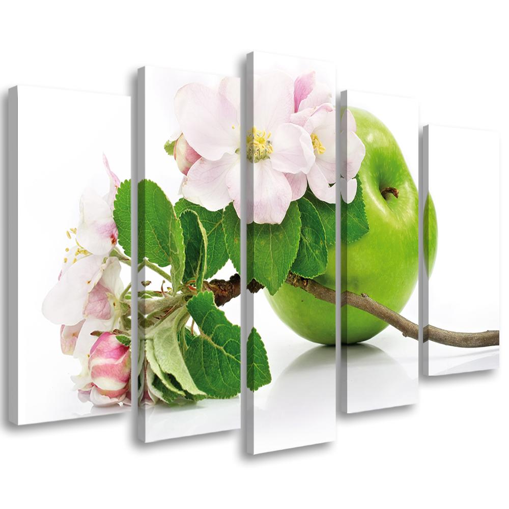 5 stykke lærredsprint, æbler frugtblomst