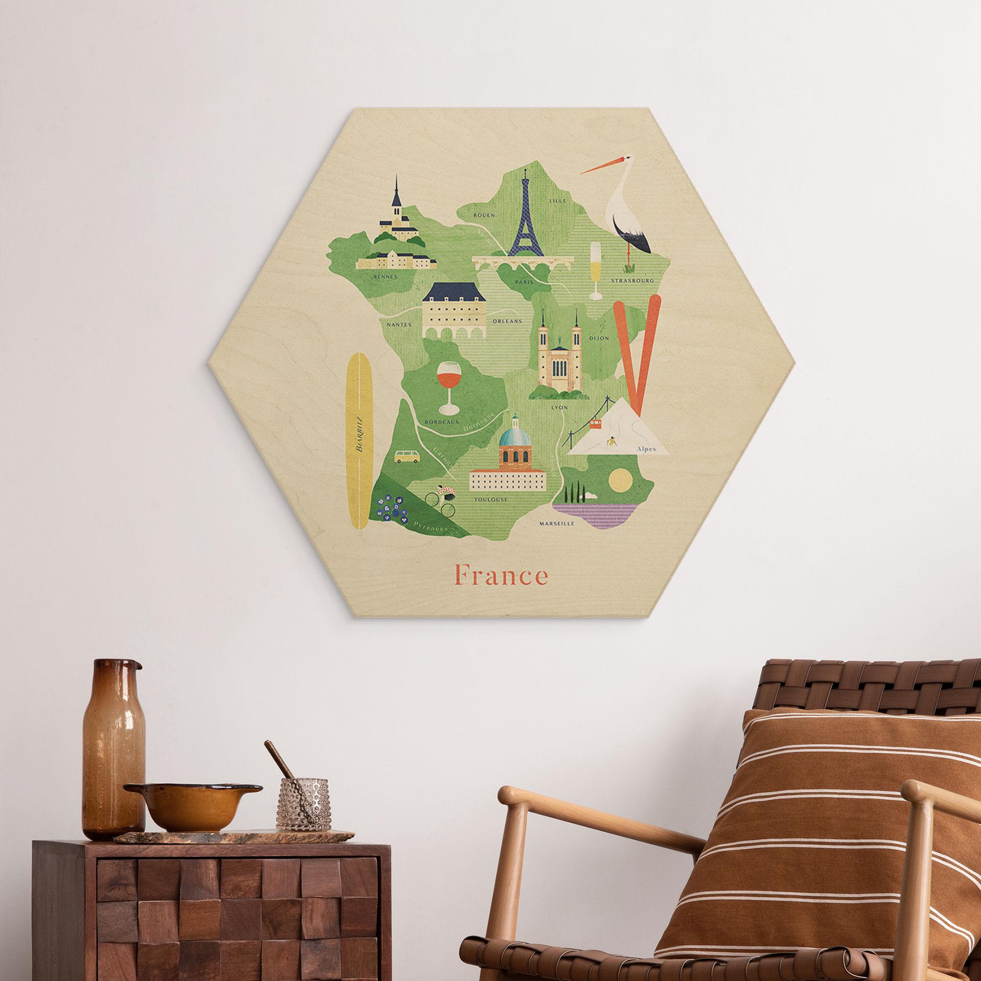 Hexagon-Holzbild Karte von Frankreich - Rivers