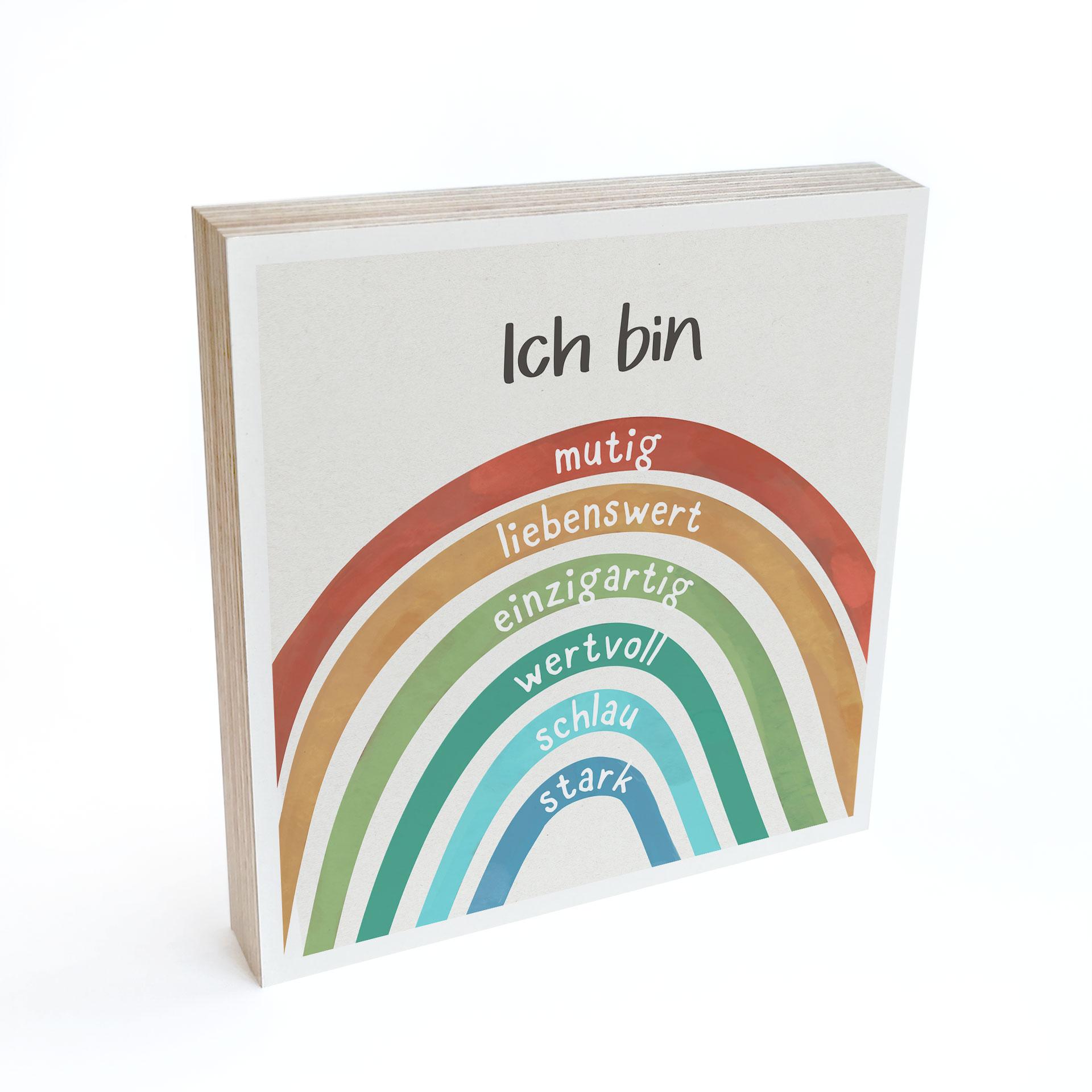 Holzbild zum Hinstellen - Regenbogen mit Mutmachsätzen