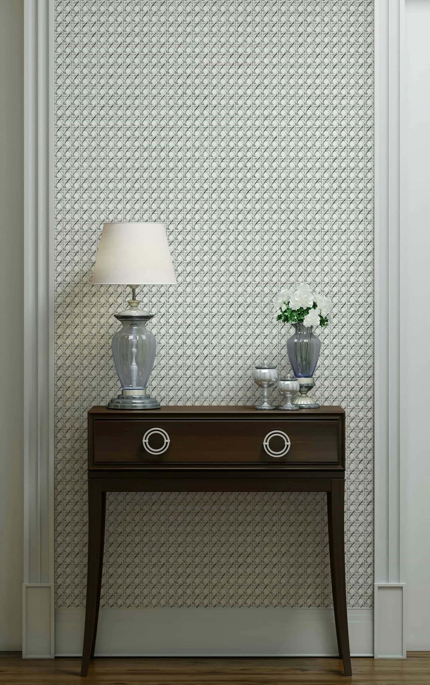 Vliesbehang in houtlook en geweven look wit, grijze houtlook