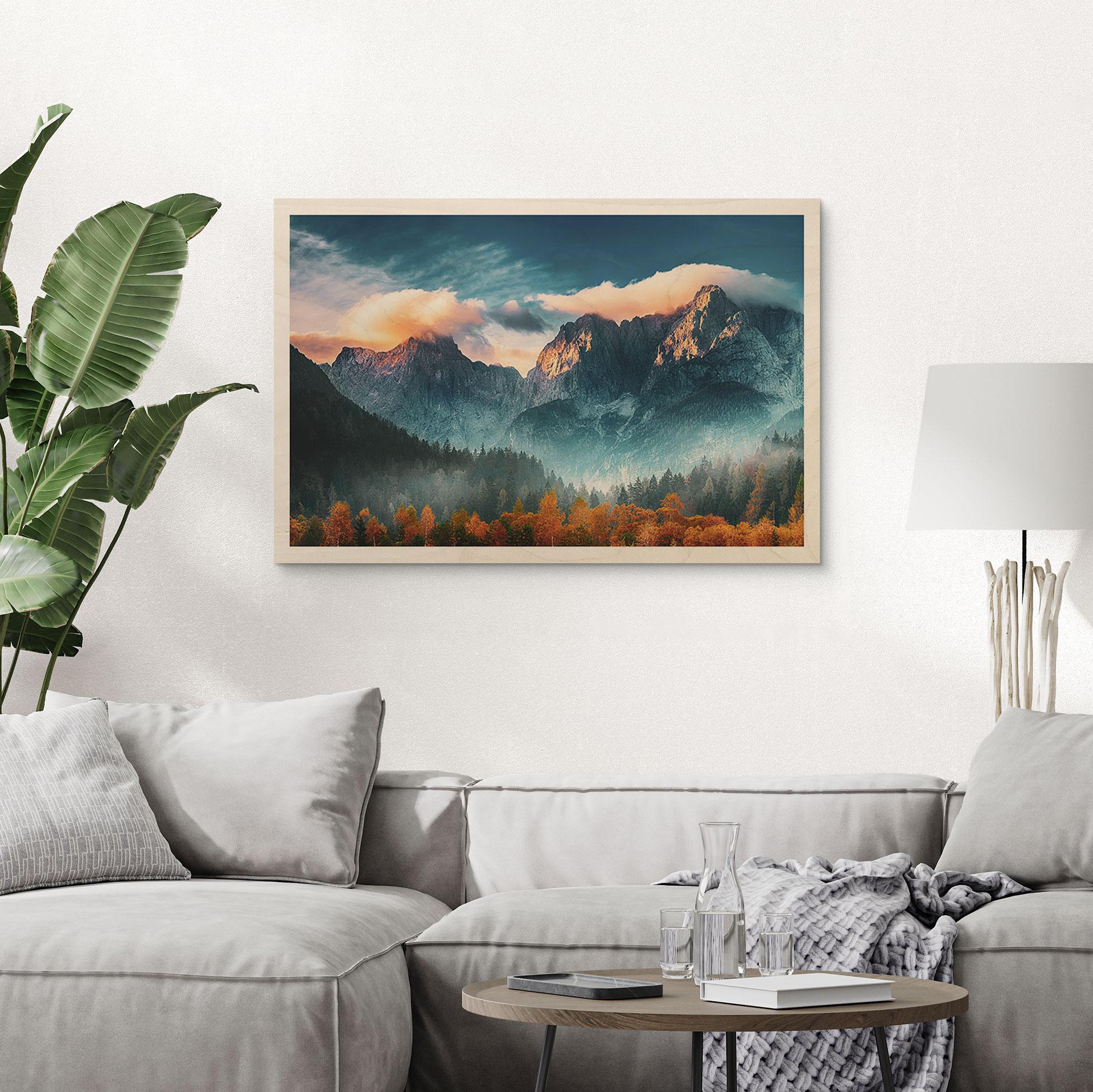 Holzbild Herbstliche Landschaft am Gipfel Triglav in den Julischen Alpen