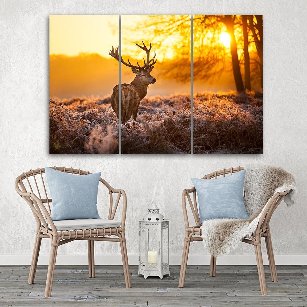 3 stykke lærredsprint, Deer Forest Sunset