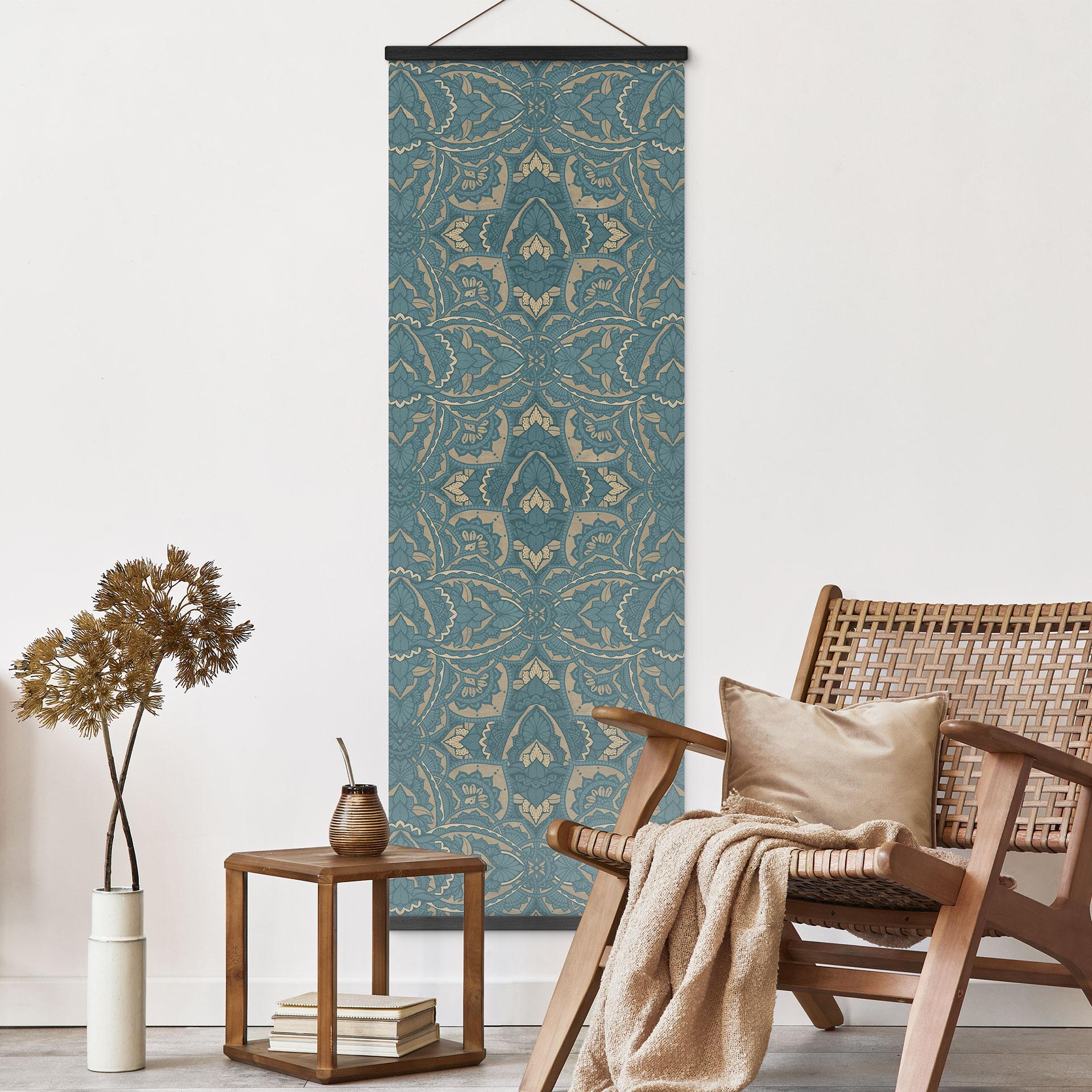 Obraz z tkaniny Vintage Mandala w kolorze turkusowo-złotym - Bloomery Decor - Panorama