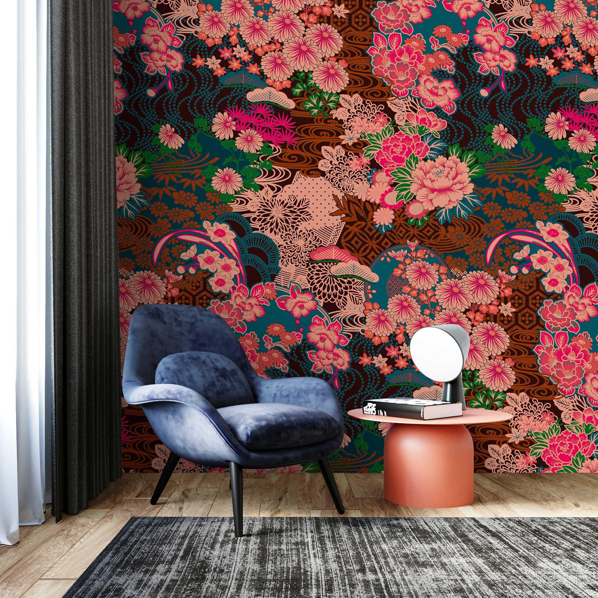 Tapet med blomstermønster - lyserøde blomster på blomstertapet - non-woven