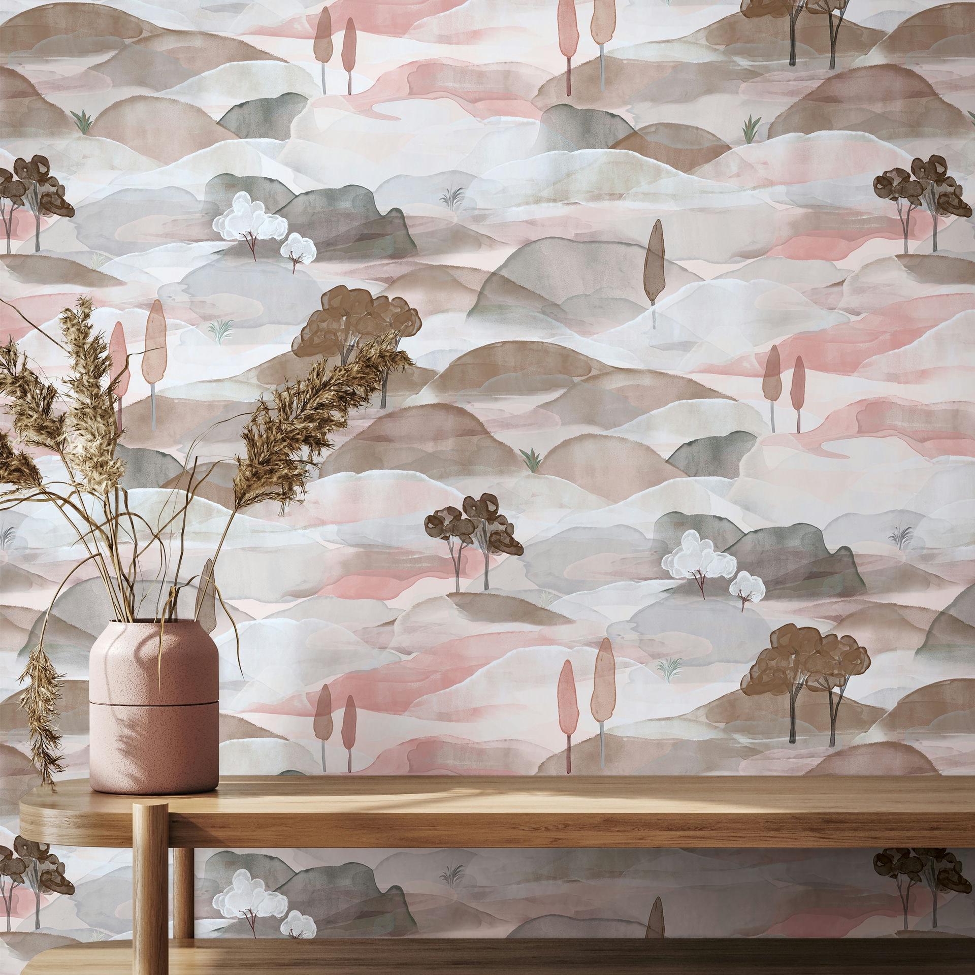 Vliesbehang landschap grafisch natuur mat in blauw rood