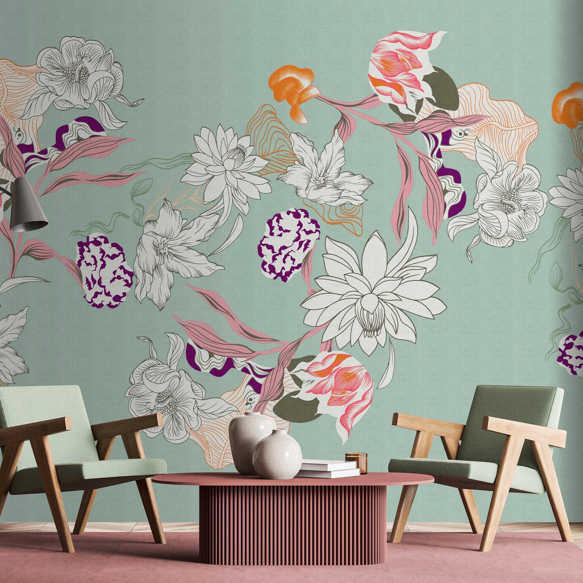 Blomstret fototapet på mintgrøn - elegant non-woven tapet med blomstermønster