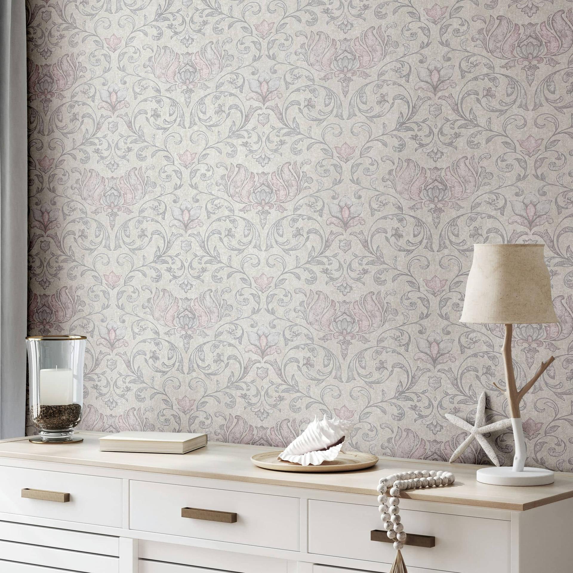 Ikke-vævet tapet med blomster, blade ornamentale blanke grå blomstermotiver