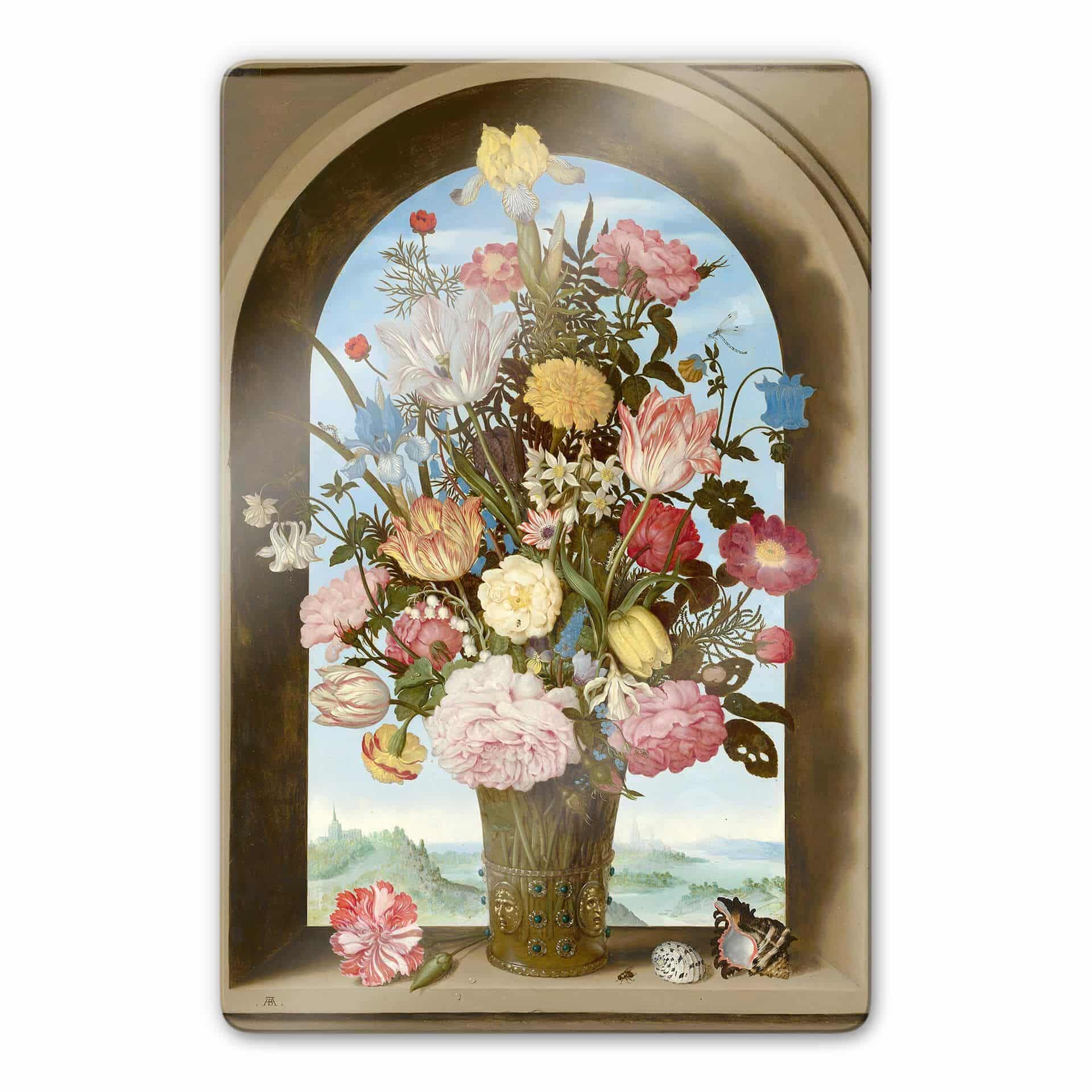 Glasbild Bosschaert - Blumenvase in einer Fensternische