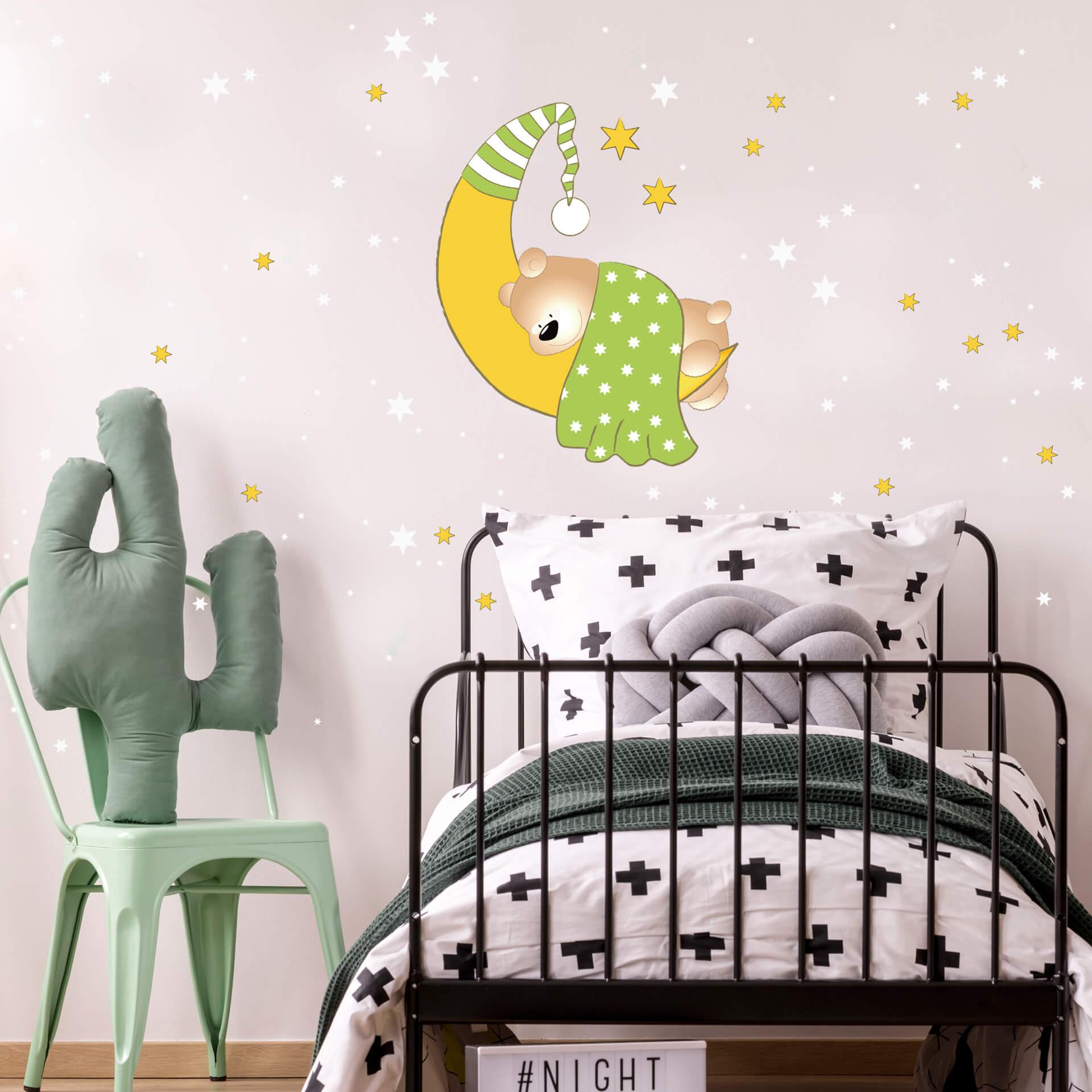 Wallsticker Bjørn, Måne og stjerner (grønne) + selvlysende stjerner