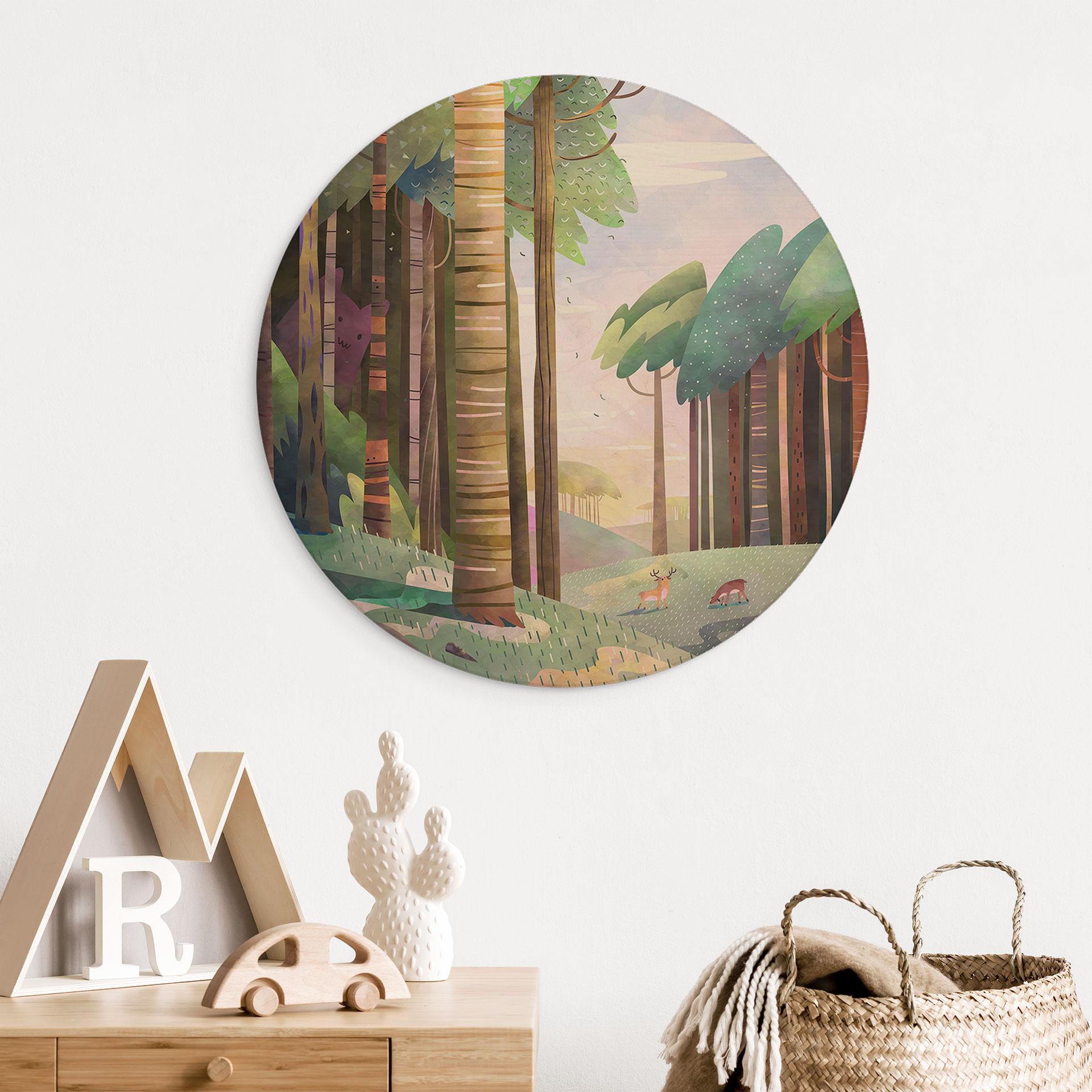 Billede af træ Solrig skov med hjorte - DigitalArtsi - Round