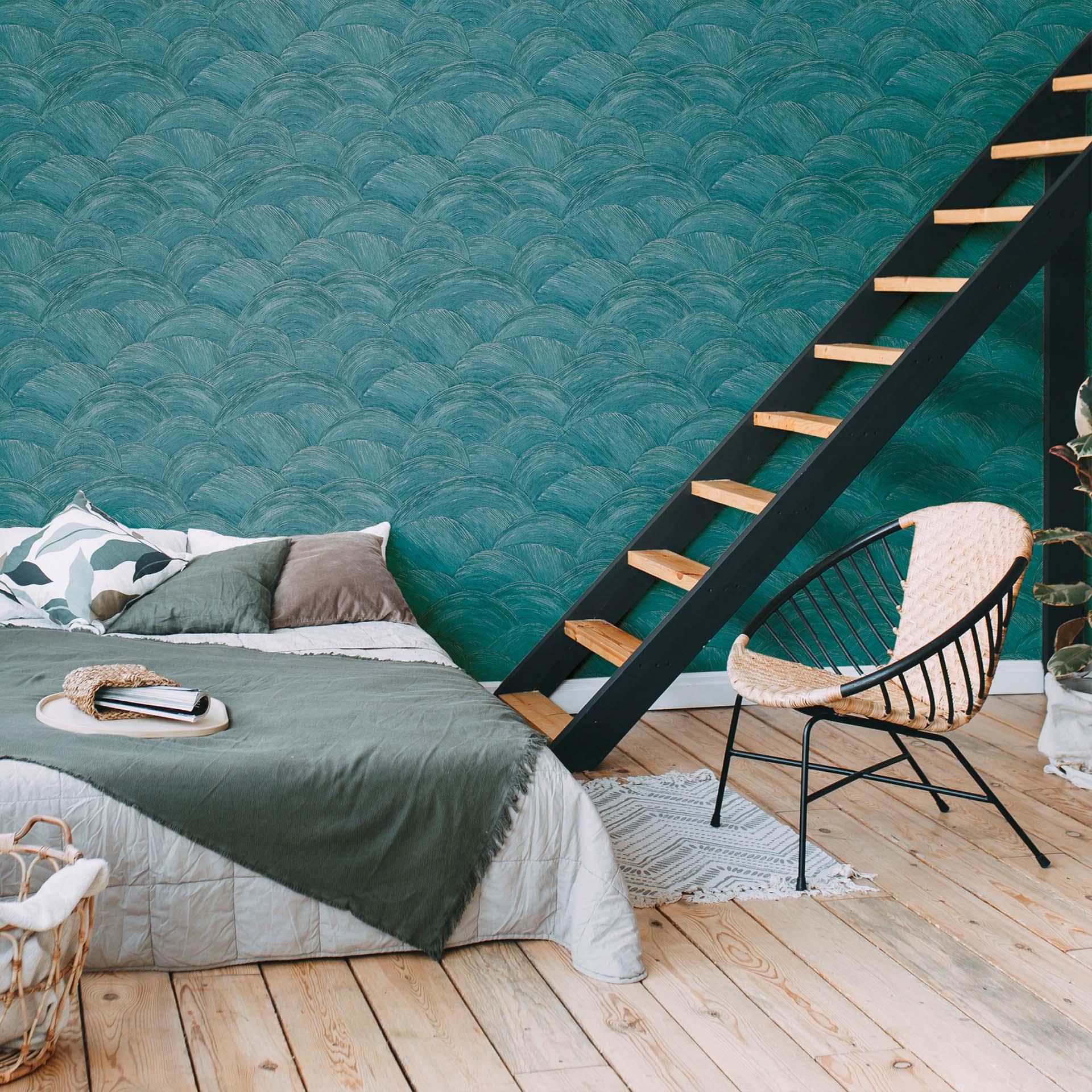 Design behang golven blauw, zilver - modern vliesbehang voor slaapkamer, hal, woonkamer
