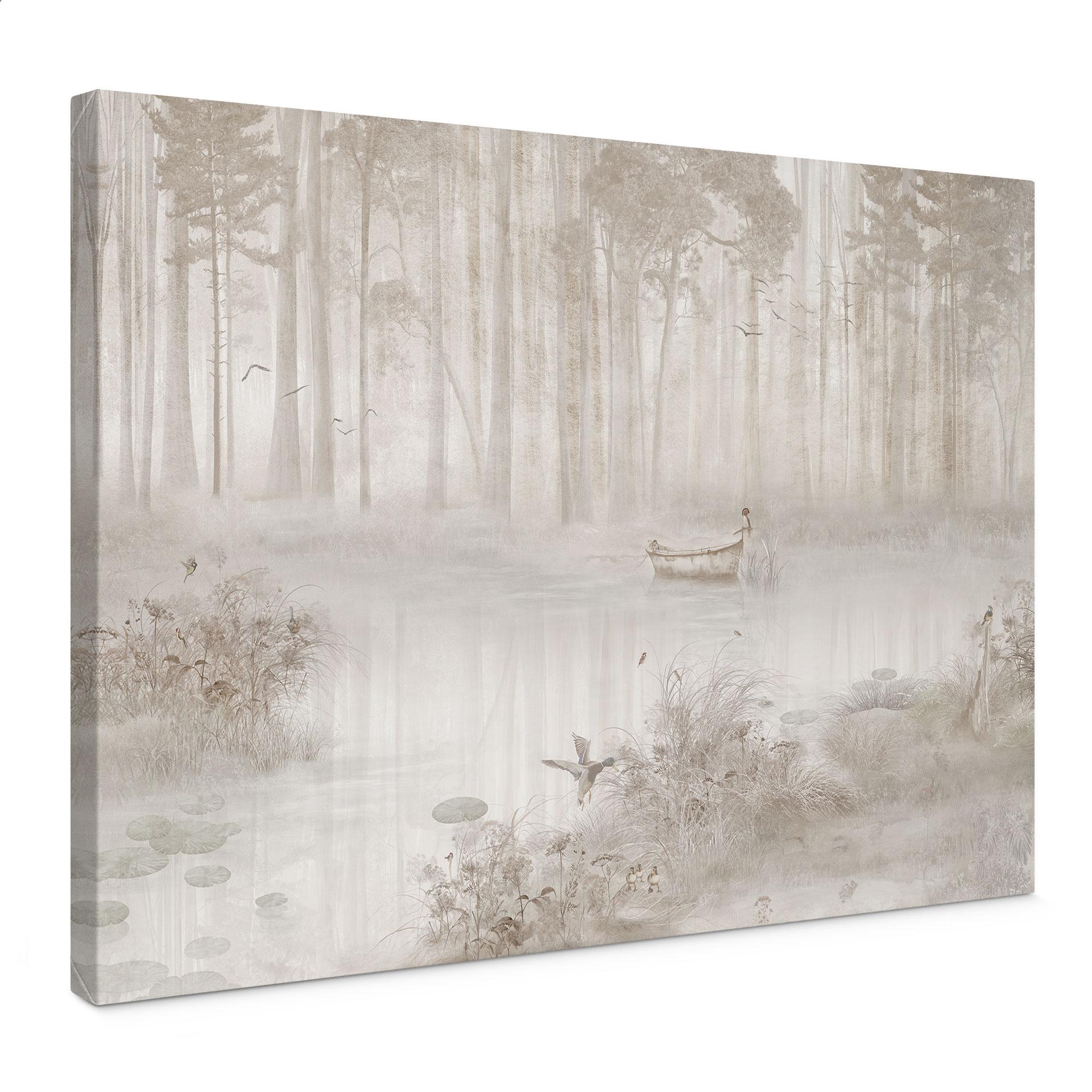 Canvas schilderij bos bij het meer in beige mist - Ms Tiff